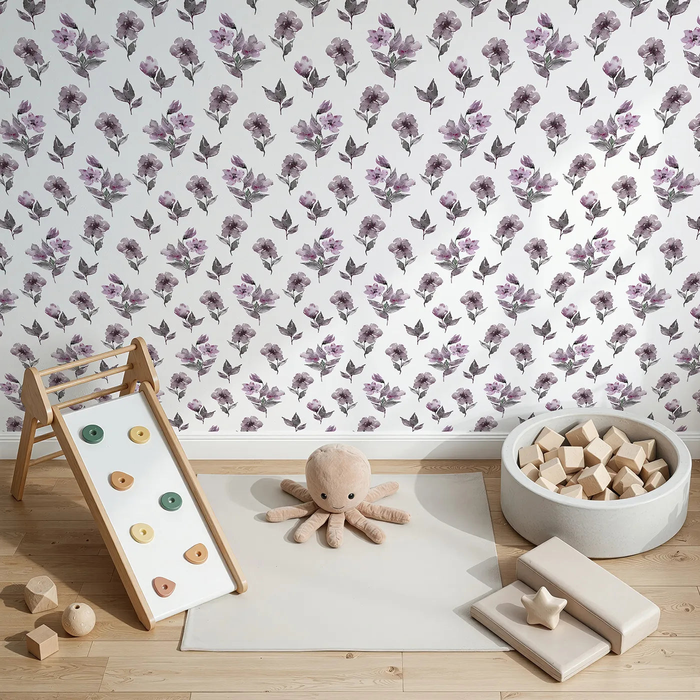 Top-Down view of Whimsy Tots' Lilac Sprig Dance in White (W3354A).Soft lilac florals sway lightly across bright white skies.