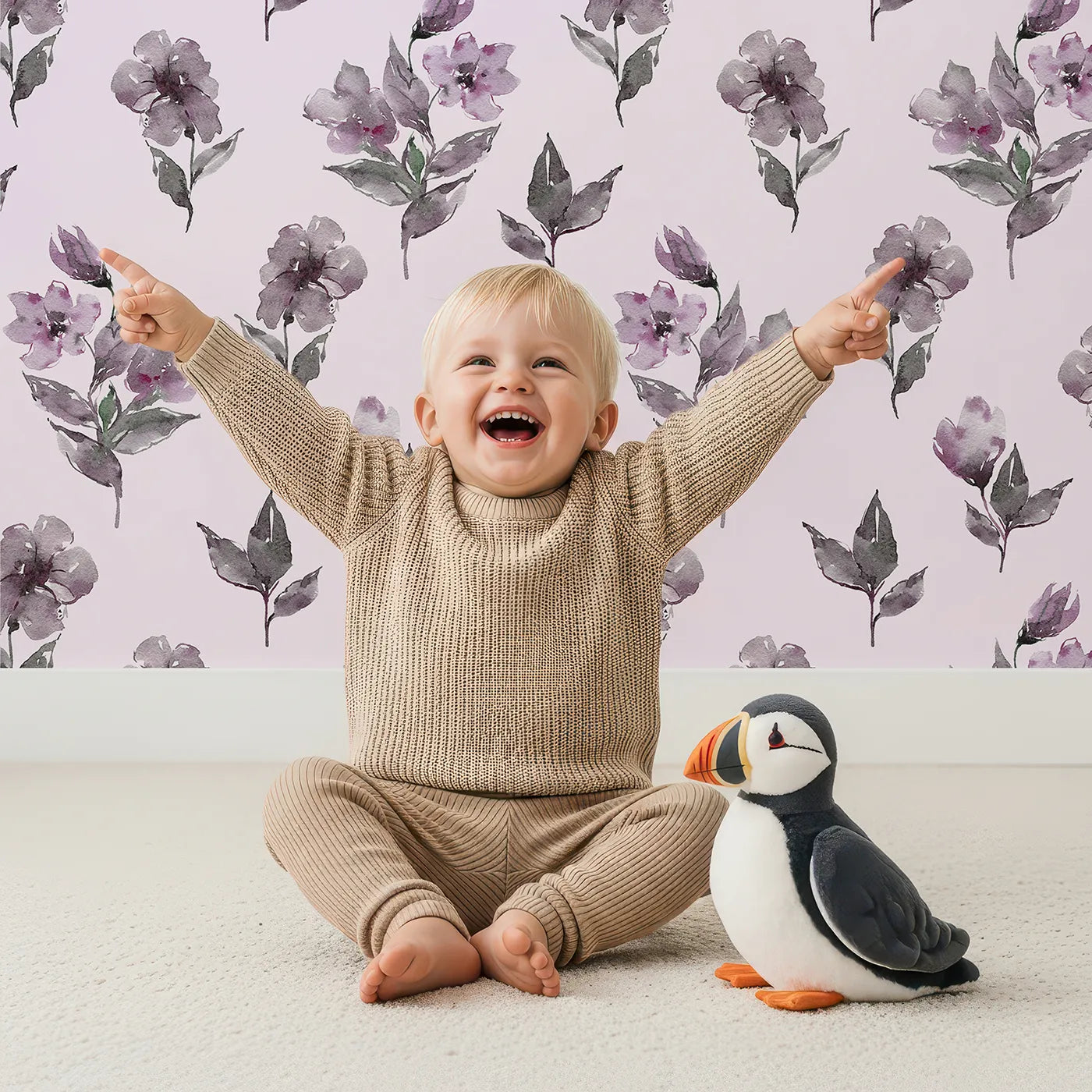 Lovely child standing in front of Whimsy Tots Lilac Sprig Dance in Blush Pink with flower, petal, leaf, sprig in design.