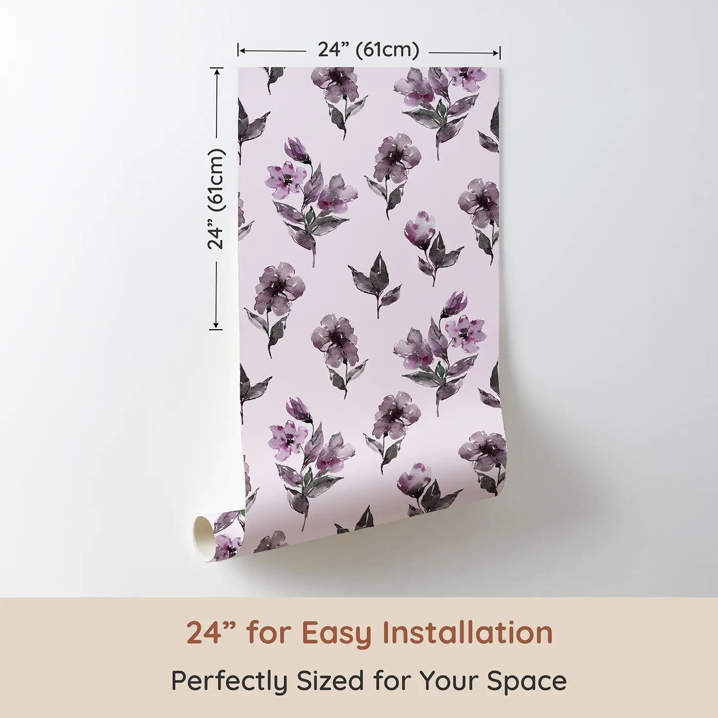 Dimension view of Whimsy Tots Lilac Sprig Dance in Blush Pink (W3354B). Printed in 24-inch-wide panel for easy installation. Lilac blossoms sway sweetly across pale pink skies.