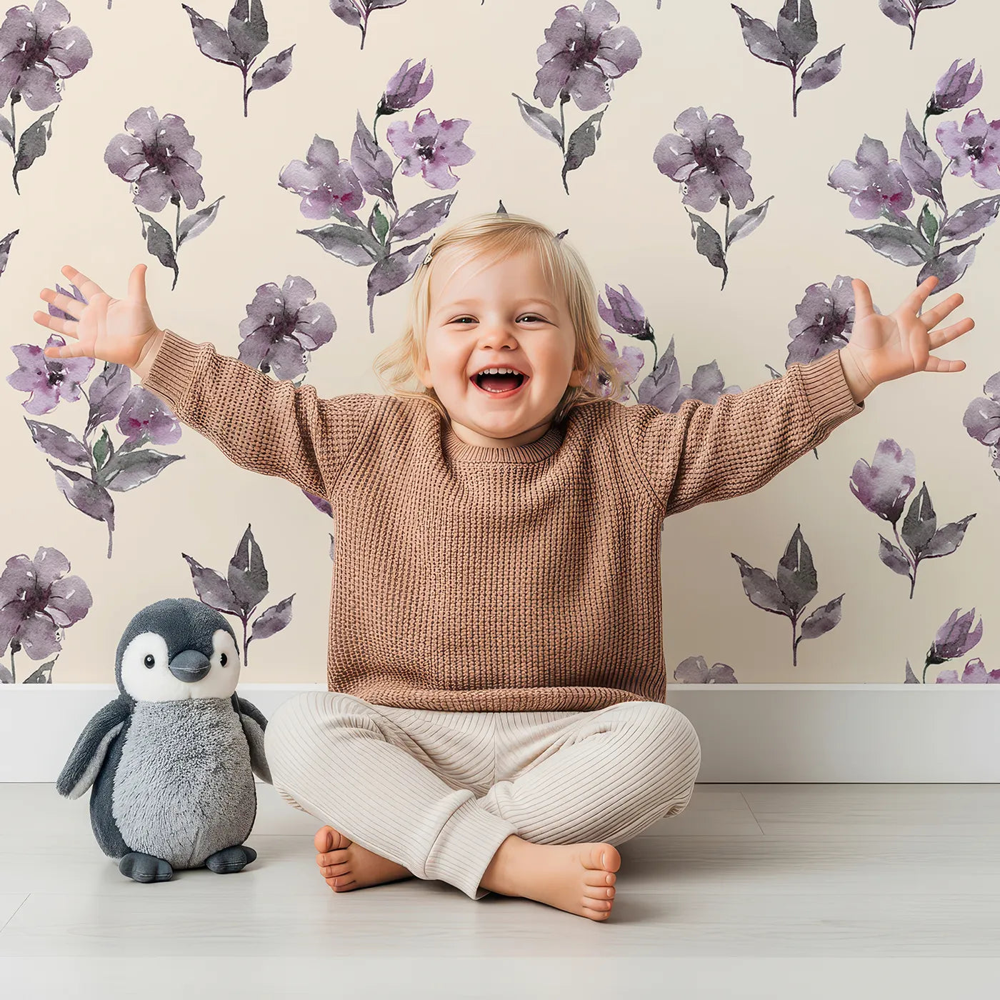 Lovely child standing in front of Whimsy Tots Lilac Sprig Dance in Sand with flower, petal, leaf, sprig in design.