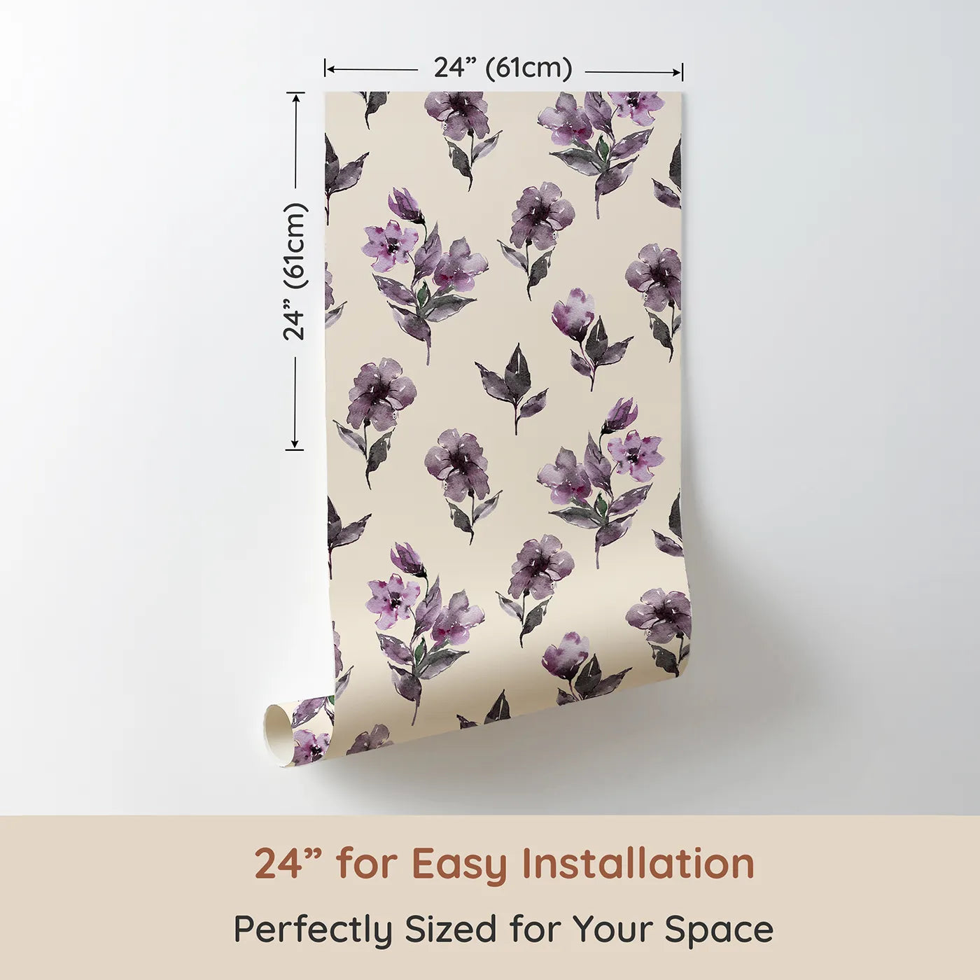 Dimension view of Whimsy Tots Lilac Sprig Dance in Sand (W3354C). Printed in 24-inch-wide panel for easy installation. Lilac flowers drift gently on soft sandy skies.