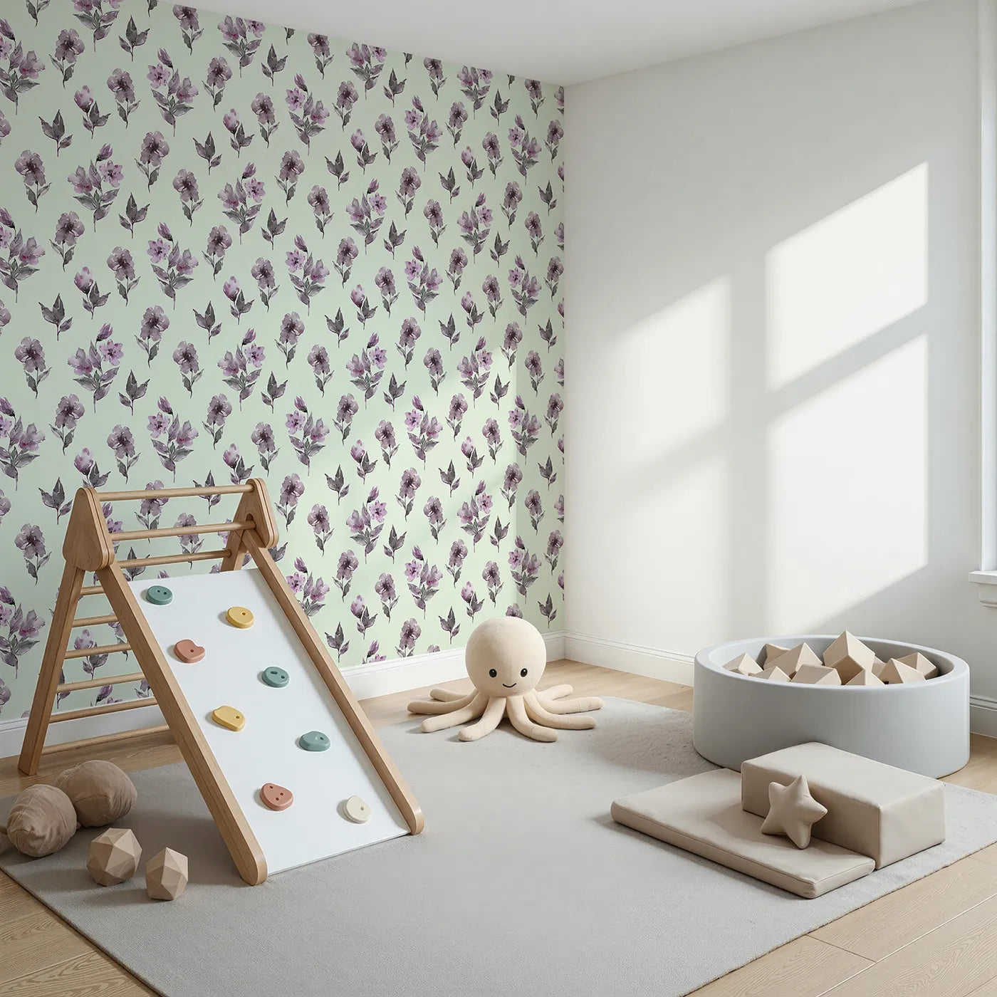 Angled view of Whimsy Tots' Lilac Sprig Dance in Mint Green (W3354D).Gentle blooms sway softly on mint-kissed skies.