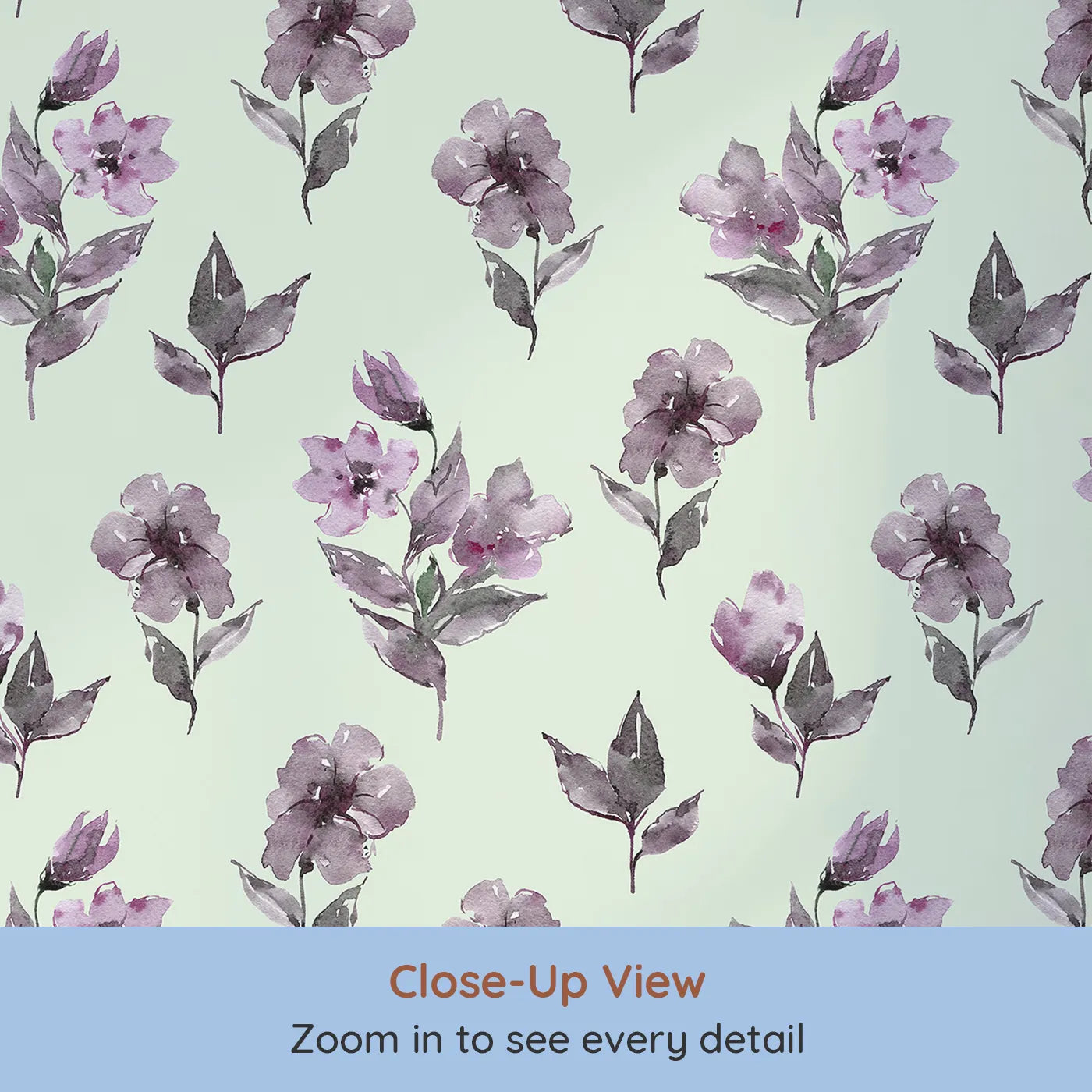 Close-up view of Whimsy Tots' Lilac Sprig Dance in Mint Green (W3354D).Gentle blooms sway softly on mint-kissed skies.