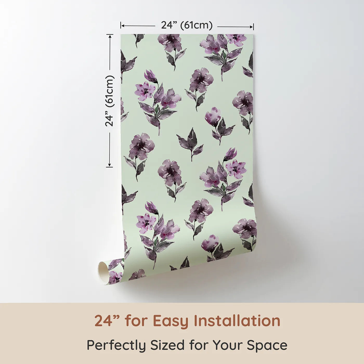 Dimension view of Whimsy Tots Lilac Sprig Dance in Mint Green (W3354D). Printed in 24-inch-wide panel for easy installation. Gentle blooms sway softly on mint-kissed skies.