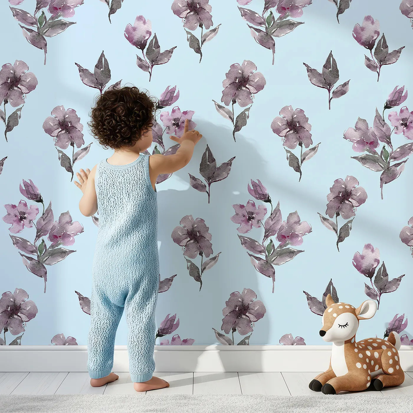 Lovely child standing in front of Whimsy Tots Lilac Sprig Dance in Sky with flower, petal, leaf, sprig in design.