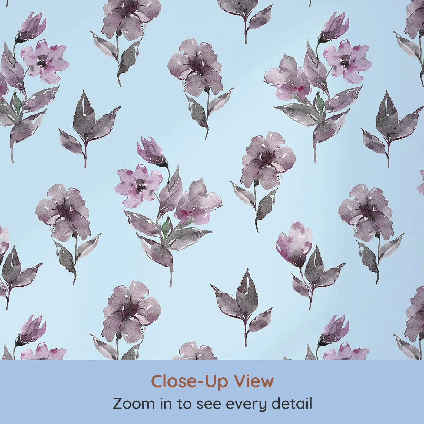 Close-up view of Whimsy Tots' Lilac Sprig Dance in Sky (W3354E).Lilac florals bloom quietly on soft sky blue.