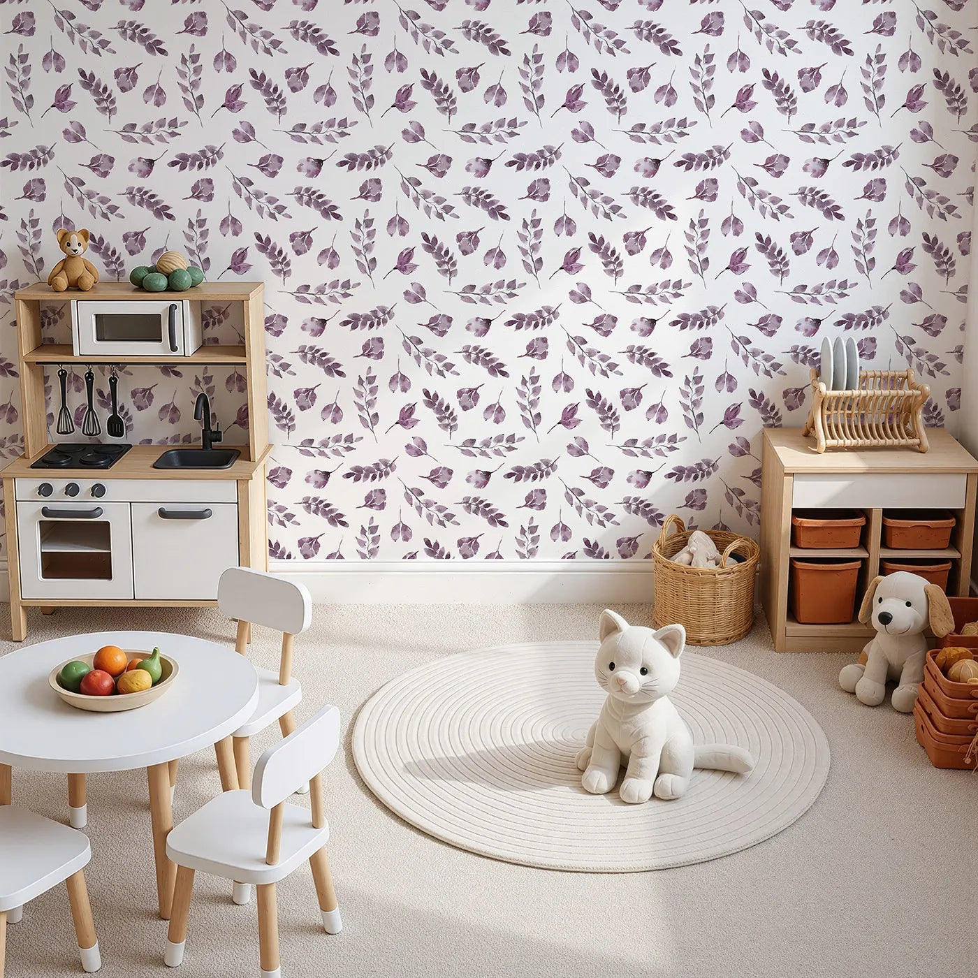 Top-Down view of Whimsy Tots' Lavender Leaves Whisper in White (W3355A).Soft purple leaves drift gently on bright white skies.