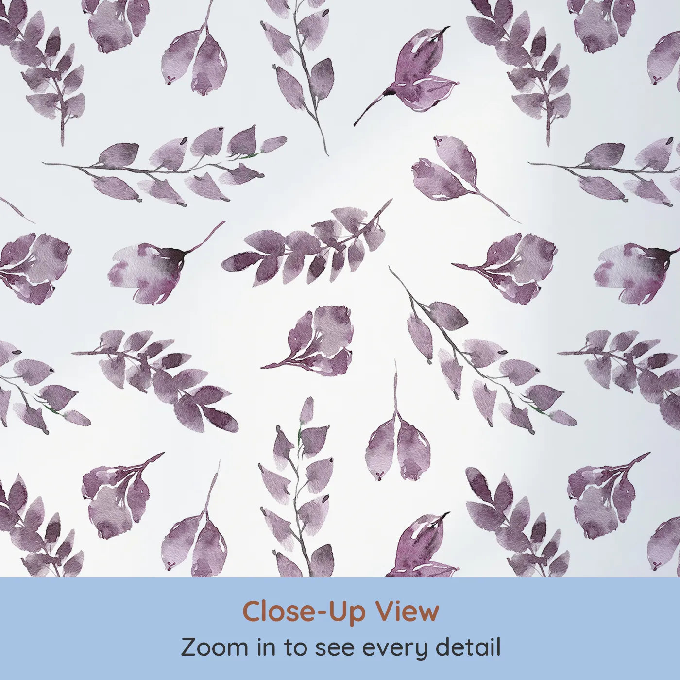 Close-up view of Whimsy Tots' Lavender Leaves Whisper in White (W3355A).Soft purple leaves drift gently on bright white skies.