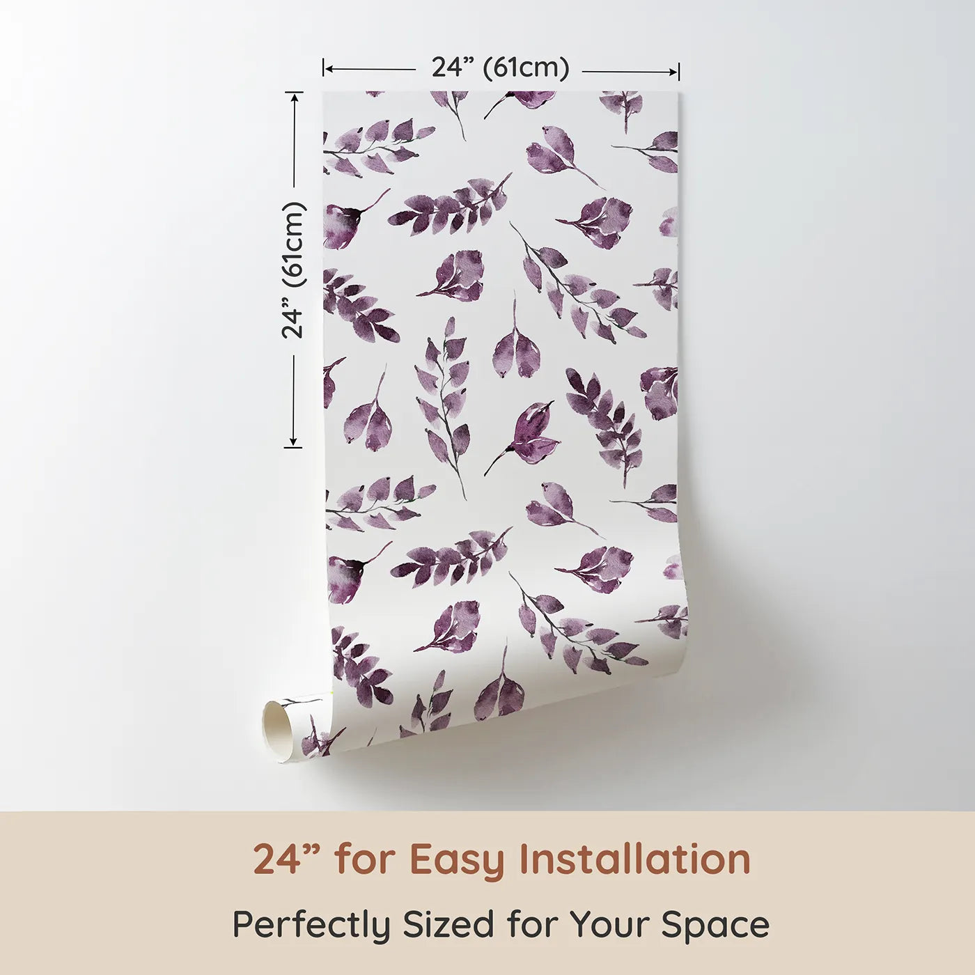 Dimension view of Whimsy Tots Lavender Leaves Whisper in White (W3355A). Printed in 24-inch-wide panel for easy installation. Soft purple leaves drift gently on bright white skies.