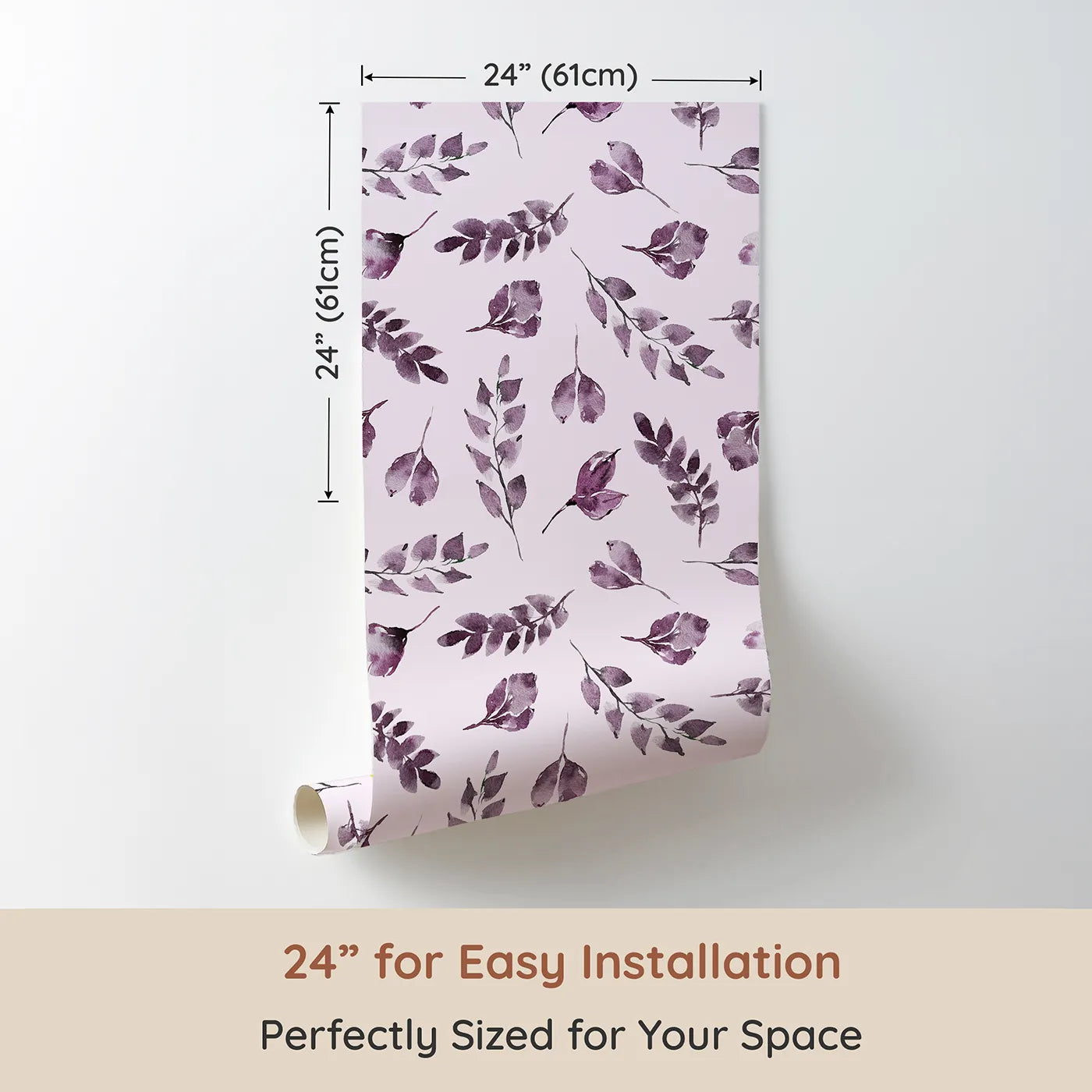 Dimension view of Whimsy Tots Lavender Leaves Whisper in Blush (W3355B). Printed in 24-inch-wide panel for easy installation. Lavender leaves flutter sweetly on warm pink skies.