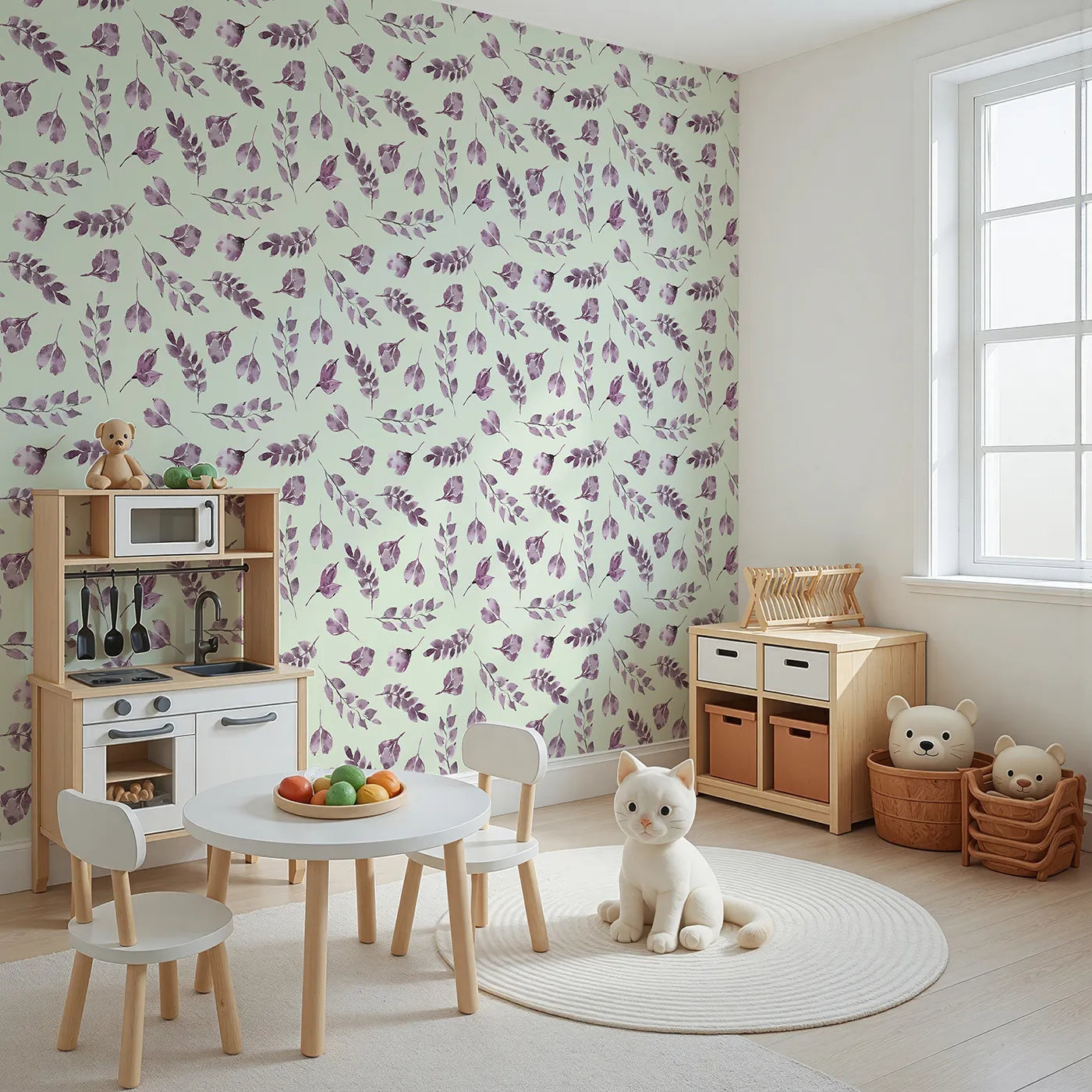 Angled view of Whimsy Tots' Lavender Leaves Whisper in Mint (W3355D).Watercolor leaves glide gently on mint-toned skies.