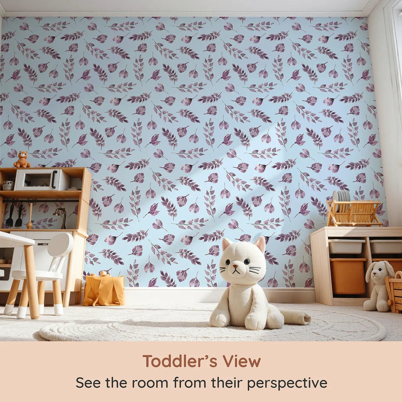 Whimsy Tots Lavender Leaves Whisper in Sky (W3355E) from your child's view.Soft lilac leaves drift across pale blue skies with quiet grace.