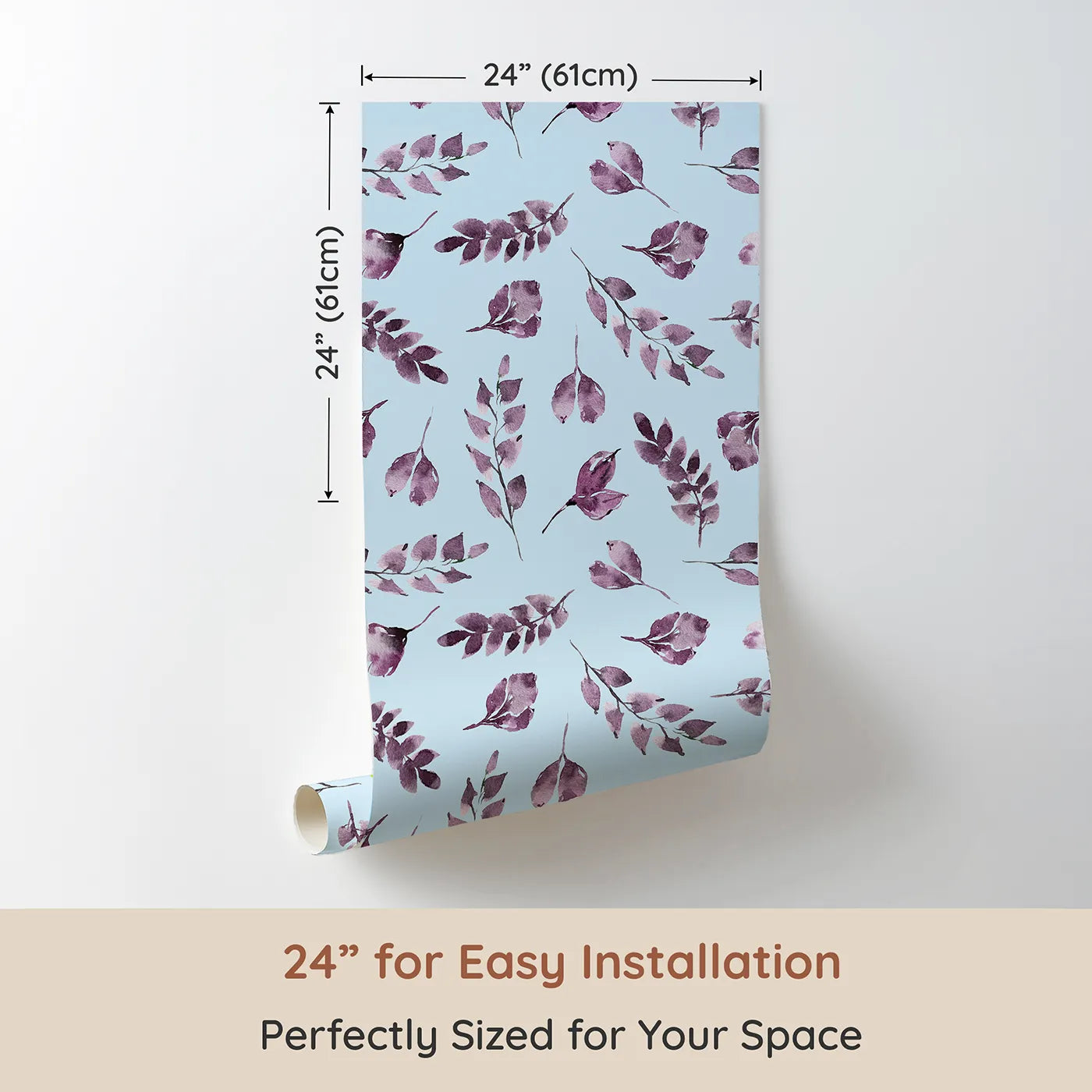 Dimension view of Whimsy Tots Lavender Leaves Whisper in Sky (W3355E). Printed in 24-inch-wide panel for easy installation. Soft lilac leaves drift across pale blue skies with quiet grace.