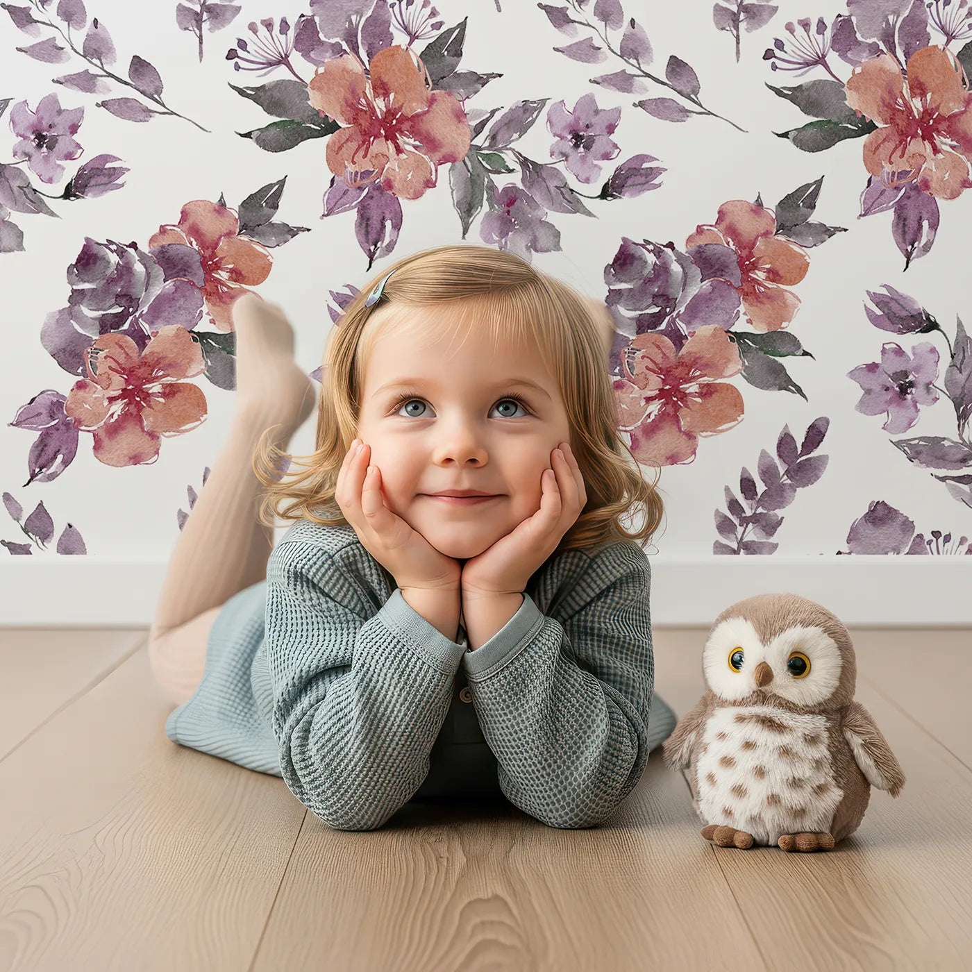 Lovely child standing in front of Whimsy Tots Blushing Garden Harmony in White with flower, petal, leaf, sprig in design.