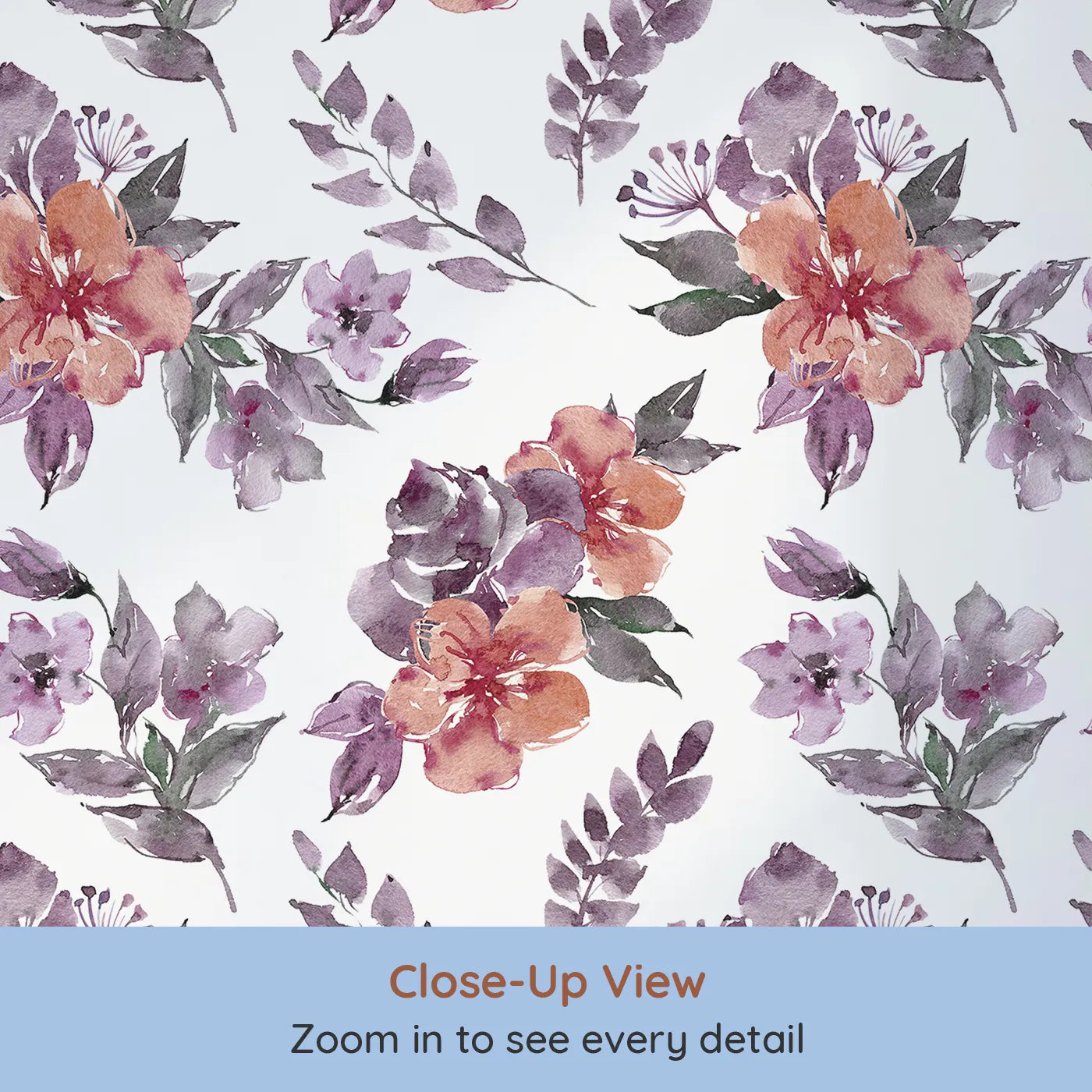 Close-up view of Whimsy Tots' Blushing Garden Harmony in White (W3356A).Watercolor florals bloom together in a graceful garden dance.