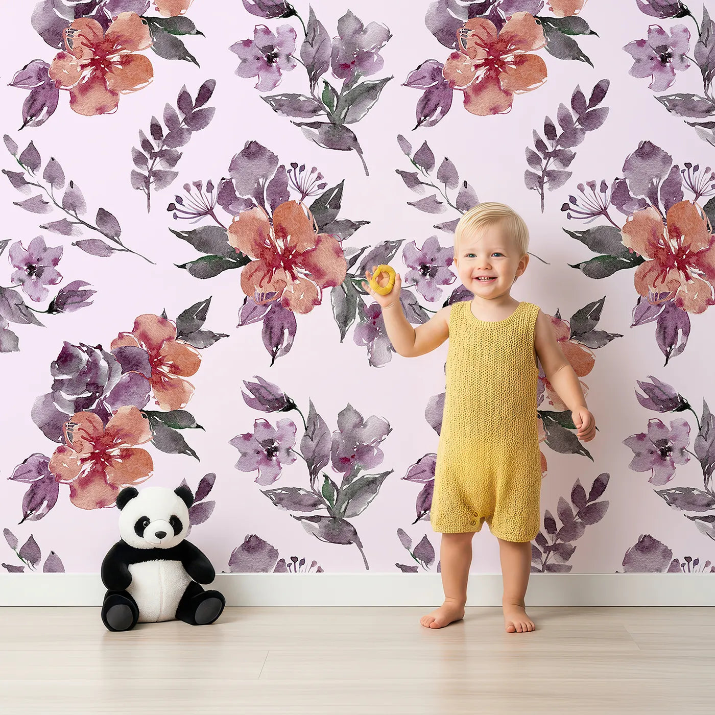 Lovely child standing in front of Whimsy Tots Blushing Garden Harmony in Blush Pink with flower, petal, leaf, sprig in design.