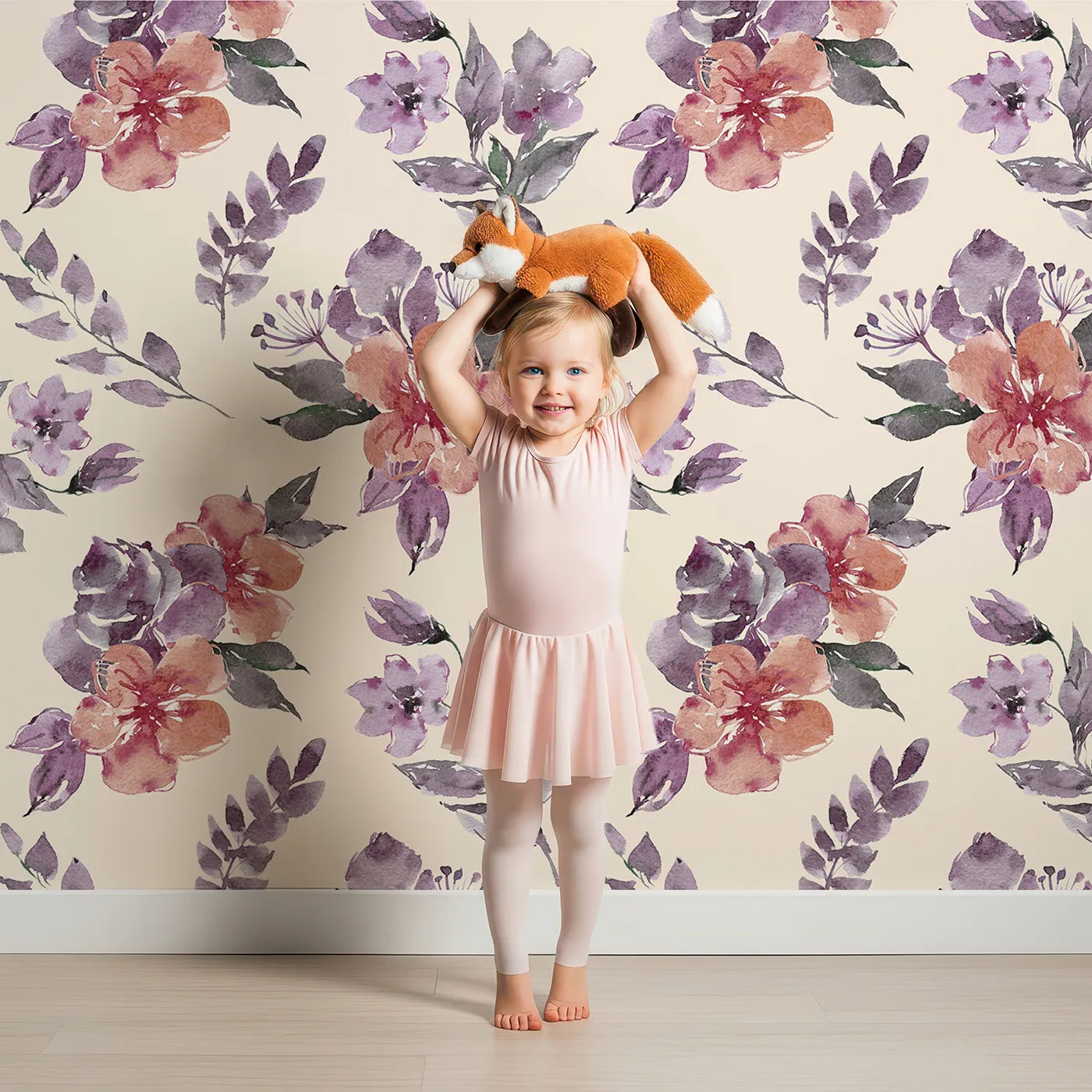 Lovely child standing in front of Whimsy Tots Blushing Garden Harmony in Sand with flower, petal, leaf, sprig in design.