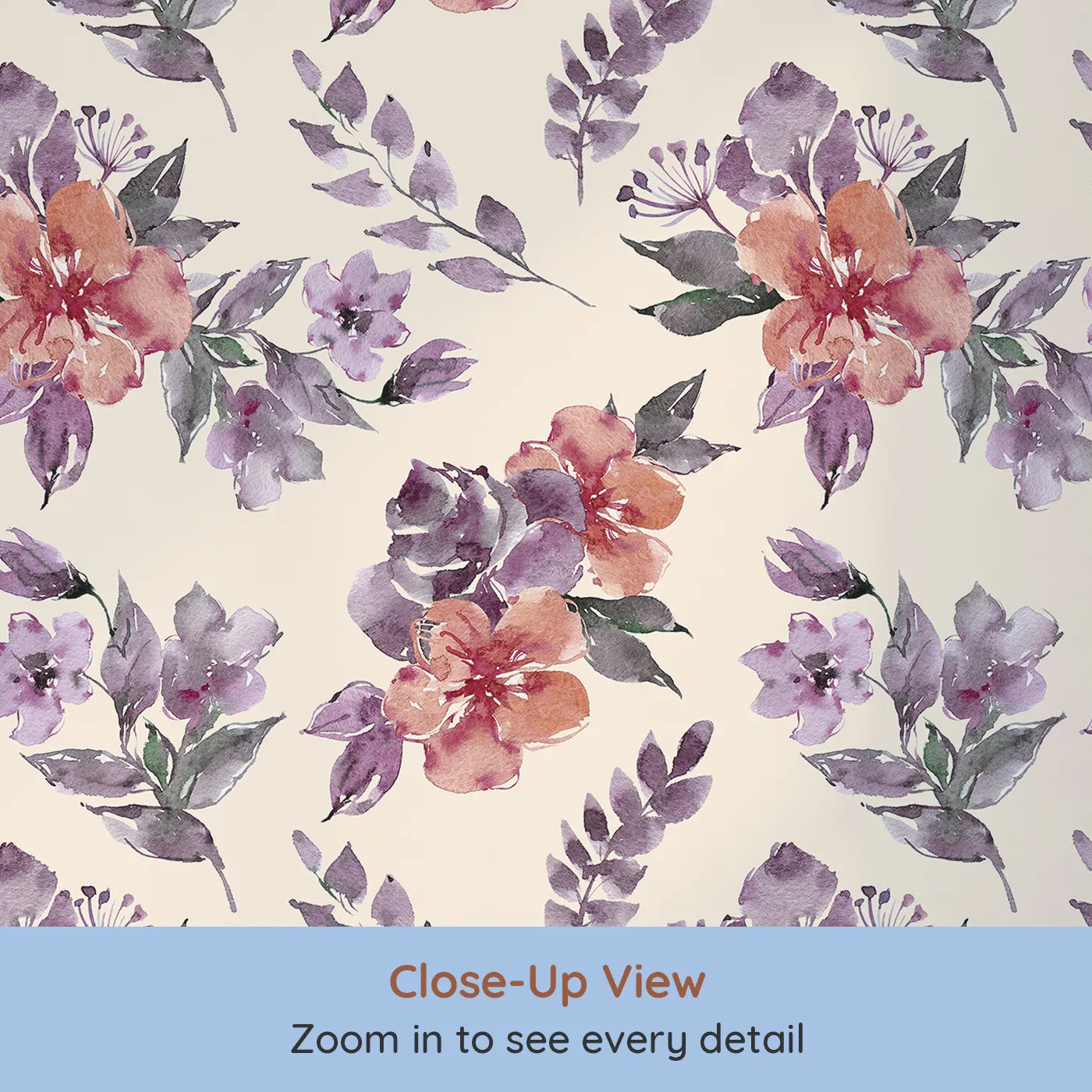 Close-up view of Whimsy Tots' Blushing Garden Harmony in Sand (W3356C).Terracotta and berry blooms rest peacefully on sandy skies.