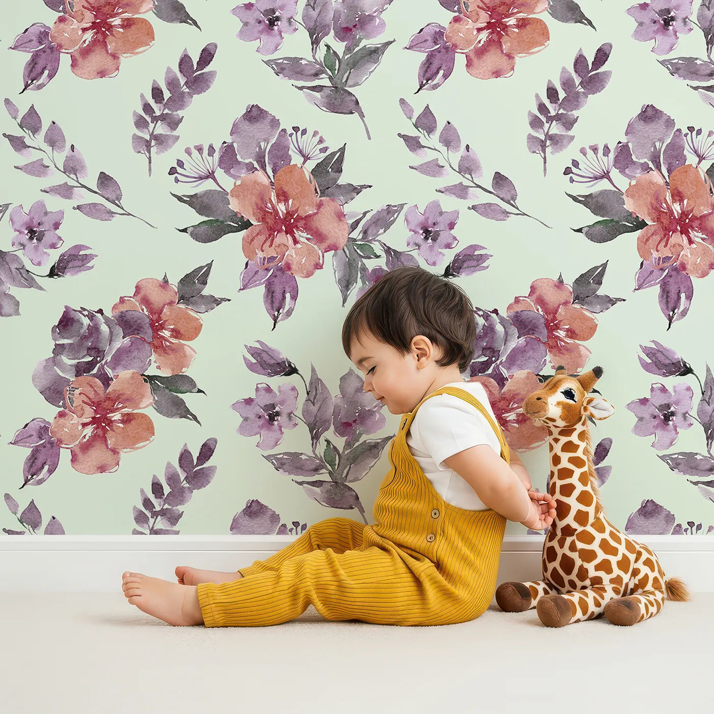 Lovely child standing in front of Whimsy Tots Blushing Garden Harmony in Mint Green with flower, petal, leaf, sprig in design.