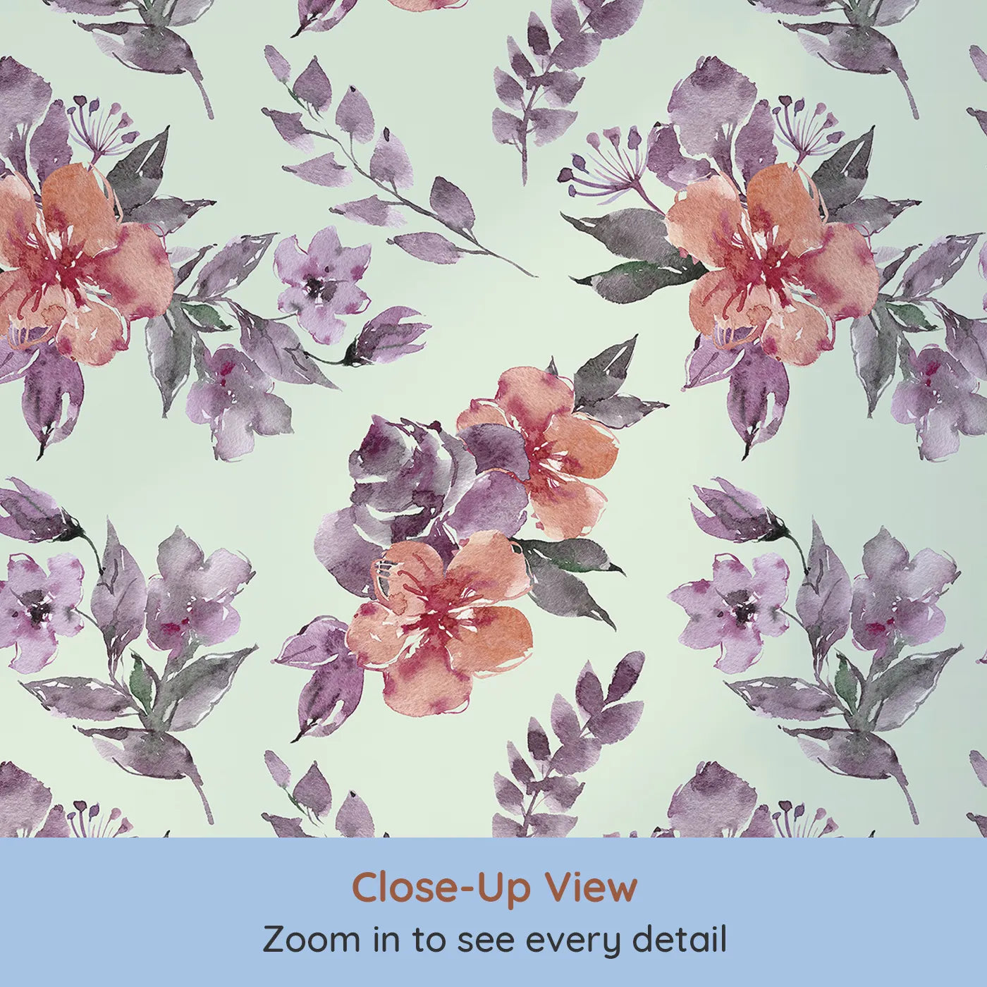 Close-up view of Whimsy Tots' Blushing Garden Harmony in Mint Green (W3356D).Lilac and terracotta blooms float softly on fresh mint skies.