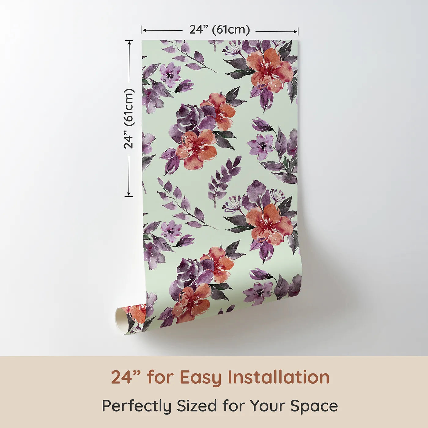 Dimension view of Whimsy Tots Blushing Garden Harmony in Mint Green (W3356D). Printed in 24-inch-wide panel for easy installation. Lilac and terracotta blooms float softly on fresh mint skies.