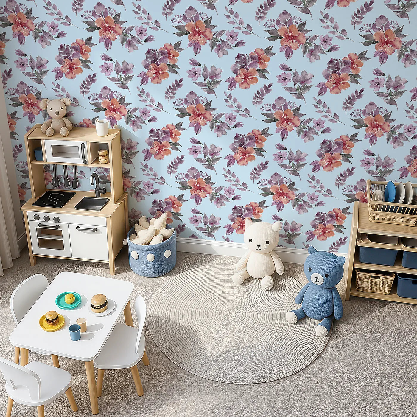 Top-Down view of Whimsy Tots' Blushing Garden Harmony in Sky (W3356E).Watercolor florals bloom across gentle sky-blue fields.