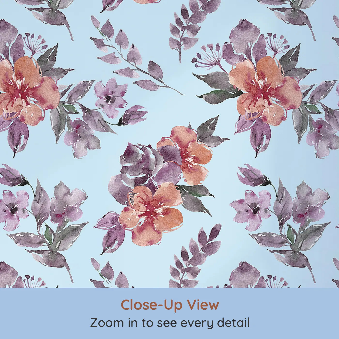 Close-up view of Whimsy Tots' Blushing Garden Harmony in Sky (W3356E).Watercolor florals bloom across gentle sky-blue fields.