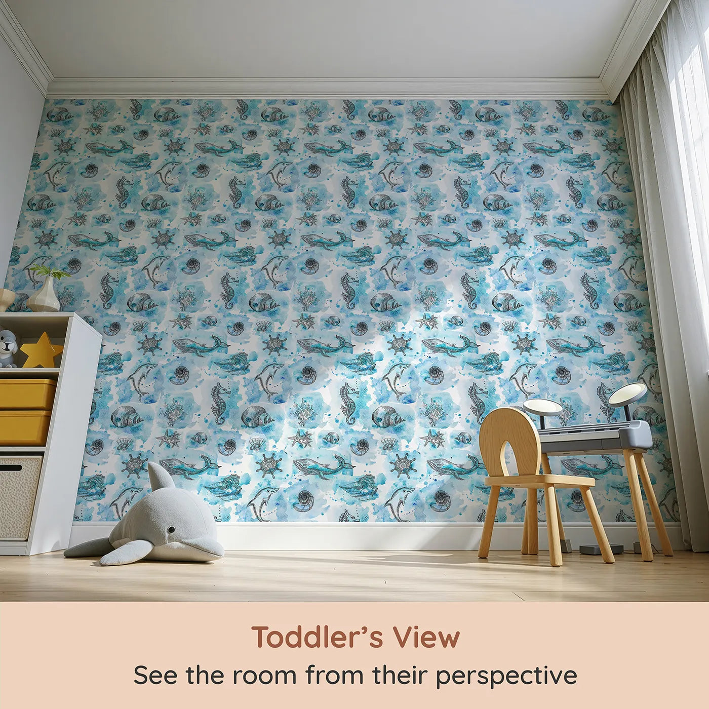 Whimsy Tots Ocean Treasures Wallpaper (W3357) from your child's view.Nautical sketches and watercolor blues bring the ocean to life.