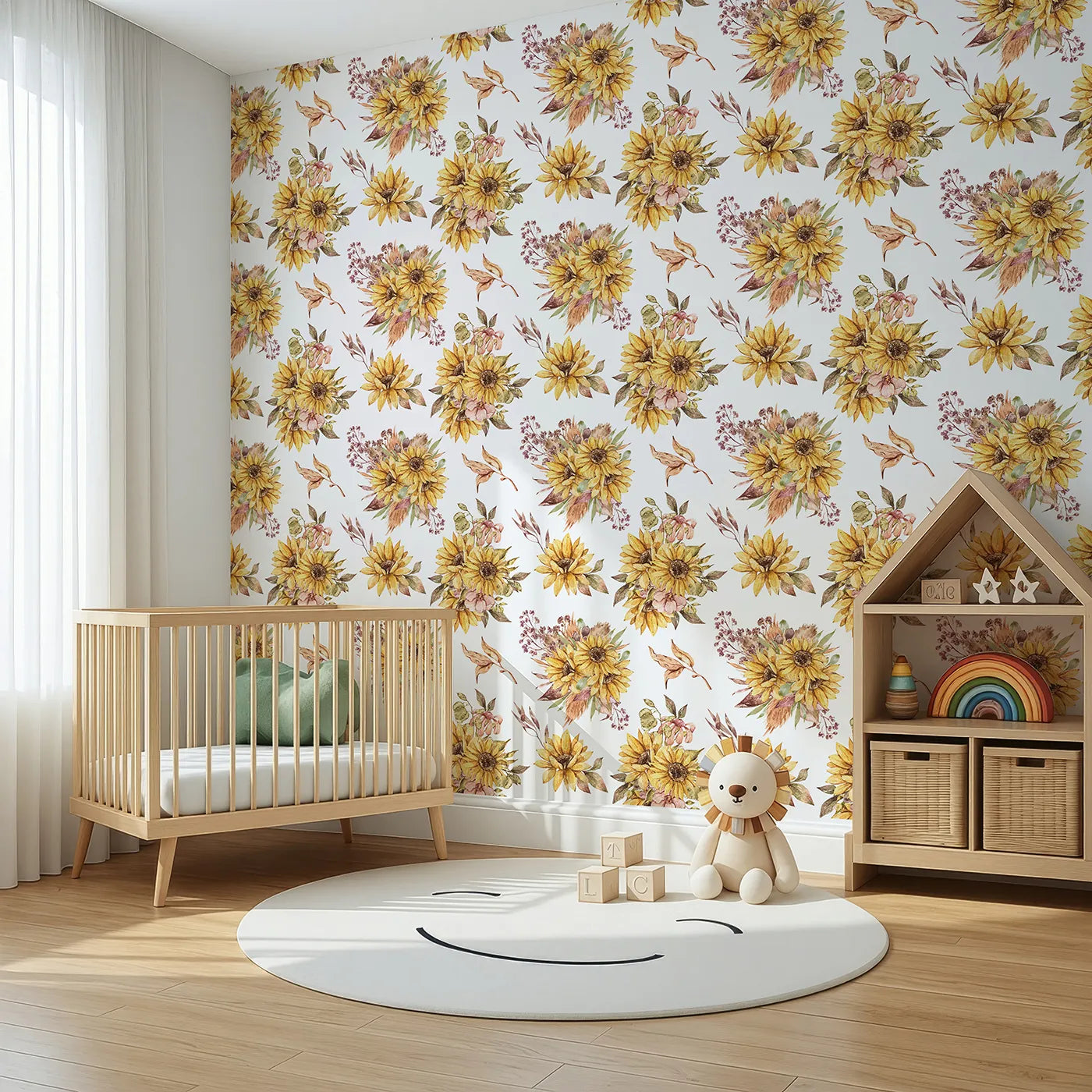 Angled view of Whimsy Tots' Sun-Kissed Meadow Blooms Wallpaper (W3358A).Sunflowers bloom brightly in a soft countryside embrace.