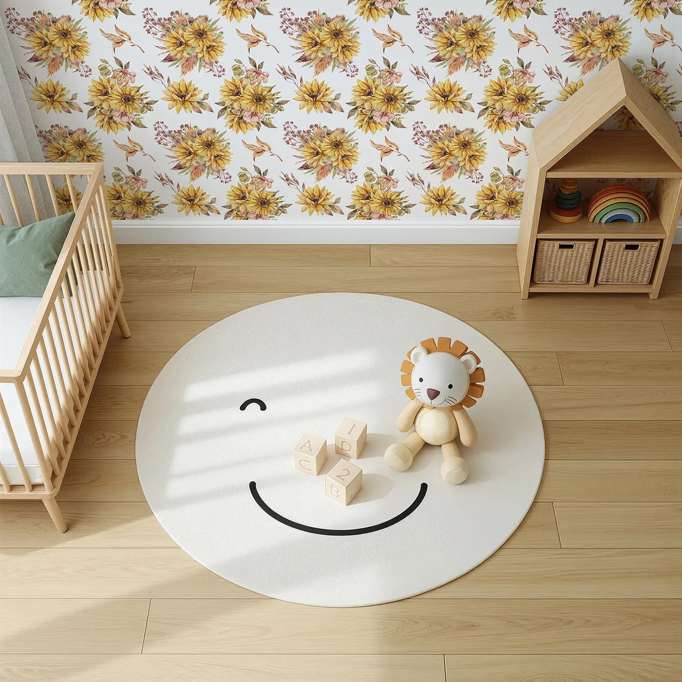 Top-Down view of Whimsy Tots' Sun-Kissed Meadow Blooms Wallpaper (W3358A).Sunflowers bloom brightly in a soft countryside embrace.