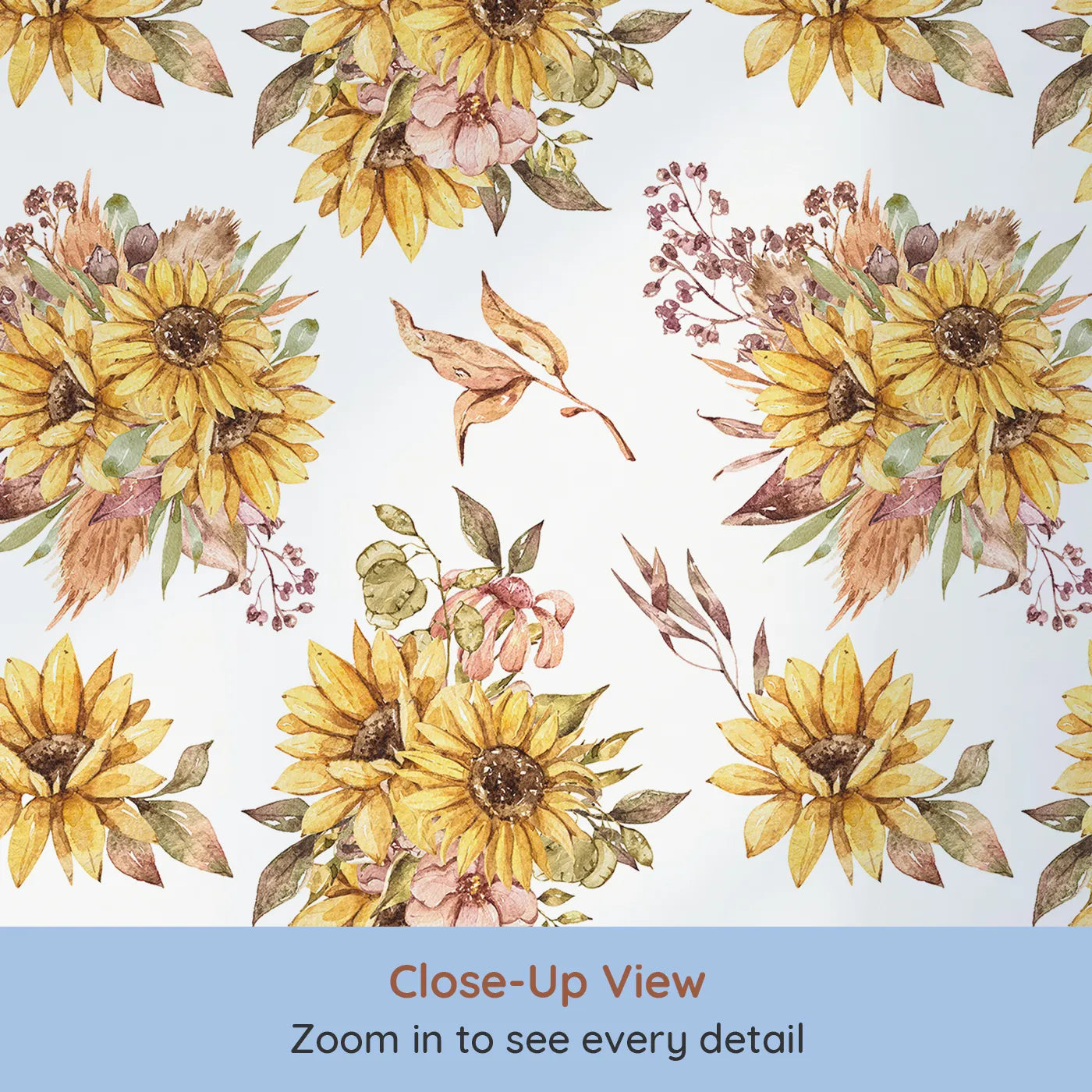Close-up view of Whimsy Tots' Sun-Kissed Meadow Blooms Wallpaper (W3358A).Sunflowers bloom brightly in a soft countryside embrace.