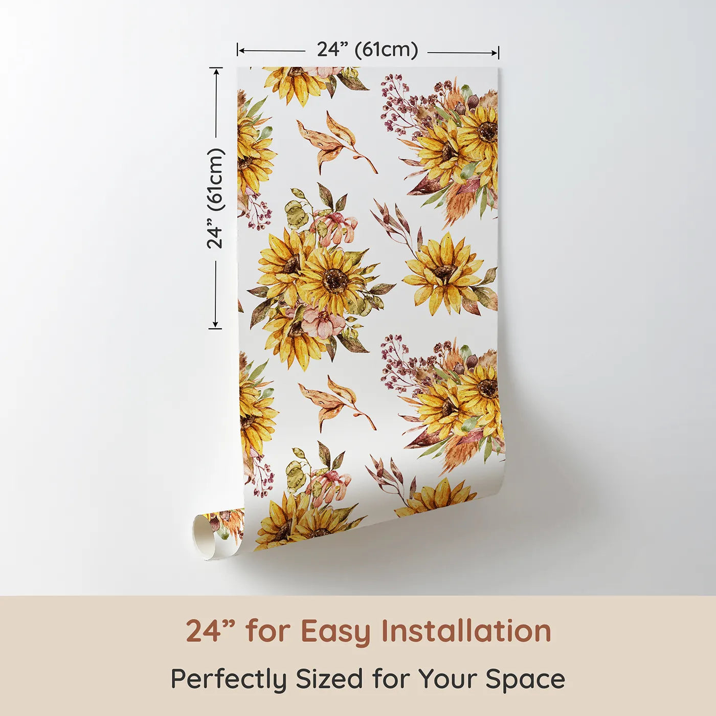 Dimension view of Whimsy Tots Sun-Kissed Meadow Blooms Wallpaper (W3358A). Printed in 24-inch-wide panel for easy installation. Sunflowers bloom brightly in a soft countryside embrace.