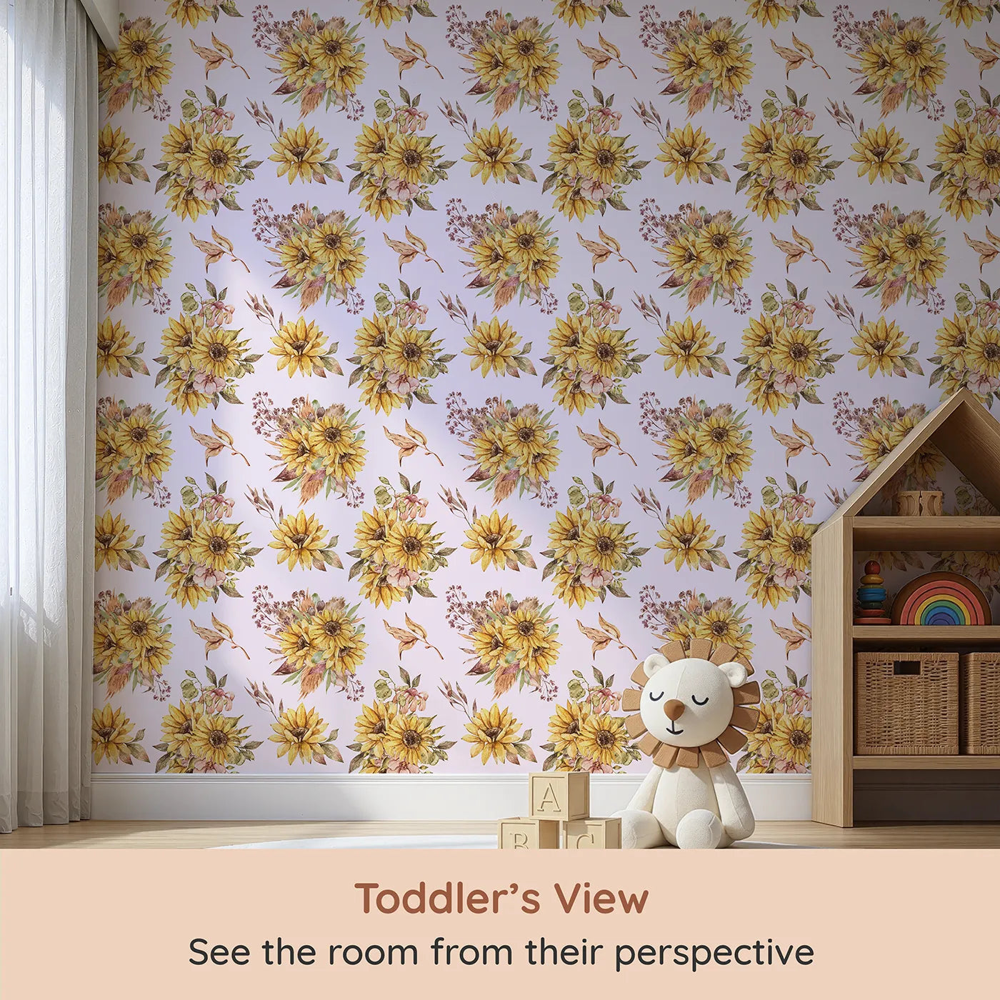 Whimsy Tots Sun-Kissed Meadow Blooms in Blush Pink (W3358B) from your child's view.Sunflowers bloom warmly over gentle blush skies.