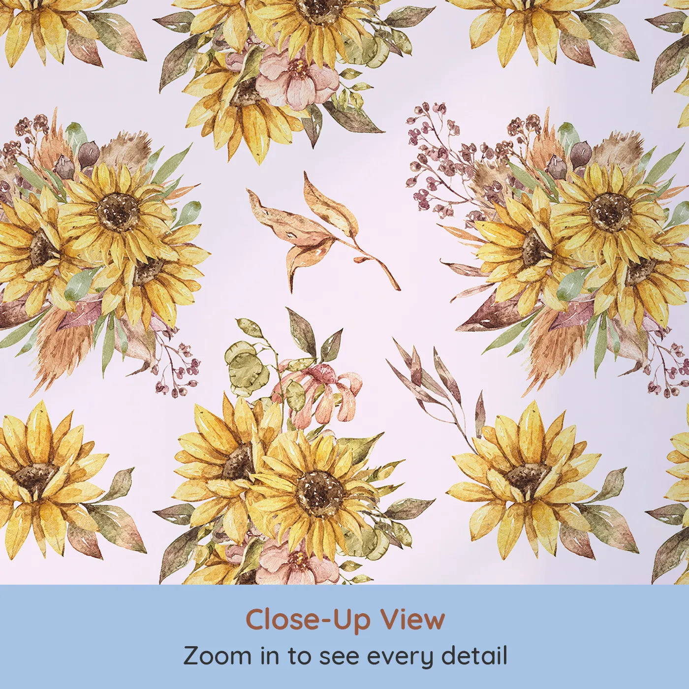 Close-up view of Whimsy Tots' Sun-Kissed Meadow Blooms in Blush Pink (W3358B).Sunflowers bloom warmly over gentle blush skies.