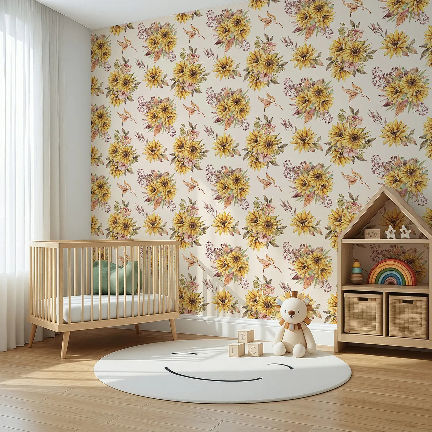 Angled view of Whimsy Tots' Sun-Kissed Meadow Blooms in Oat (W3358C).Sunflowers and rustic leaves bloom on soft oat-toned skies.
