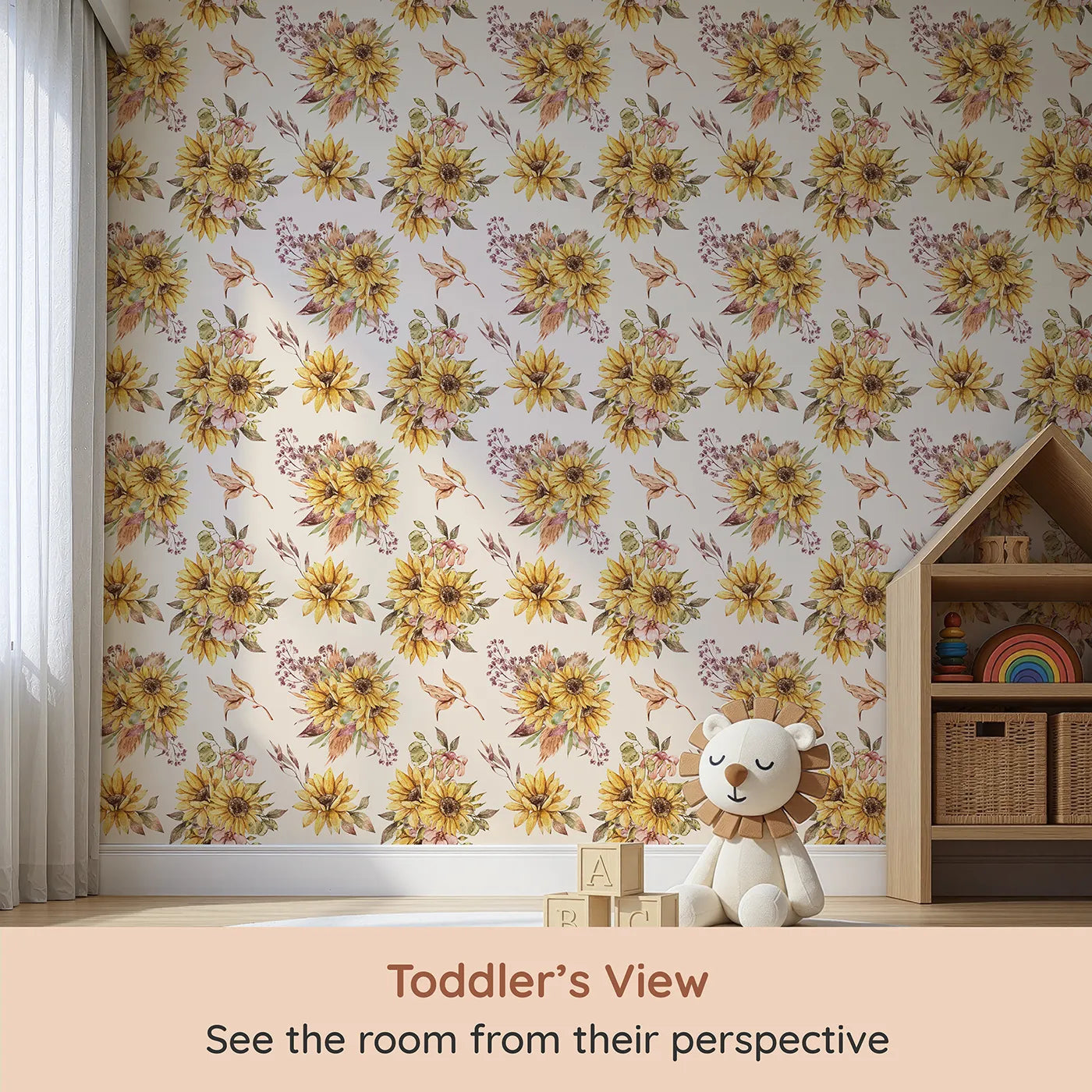 Whimsy Tots Sun-Kissed Meadow Blooms in Oat (W3358C) from your child's view.Sunflowers and rustic leaves bloom on soft oat-toned skies.