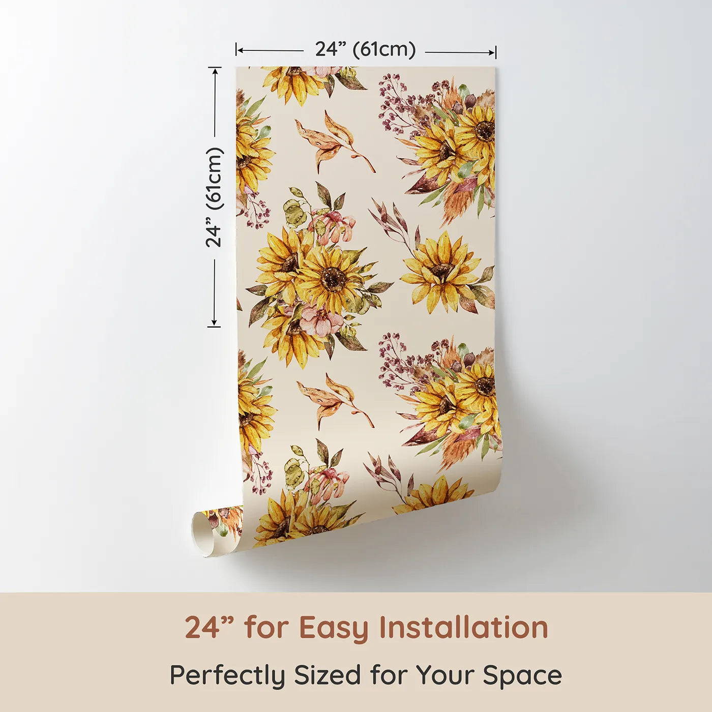 Dimension view of Whimsy Tots Sun-Kissed Meadow Blooms in Oat (W3358C). Printed in 24-inch-wide panel for easy installation. Sunflowers and rustic leaves bloom on soft oat-toned skies.