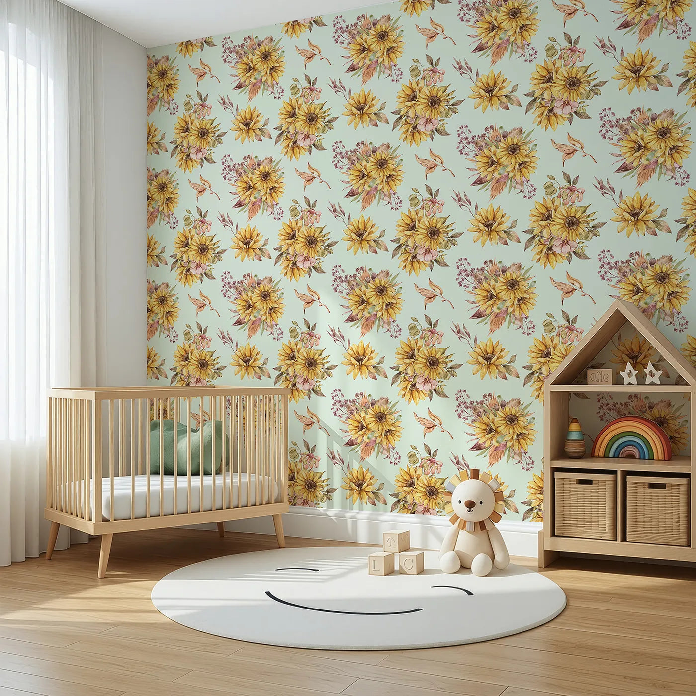 Angled view of Whimsy Tots' Sun-Kissed Meadow Blooms in Mint Green (W3358D).Sunflowers and wild leaves bloom over soft mint skies.