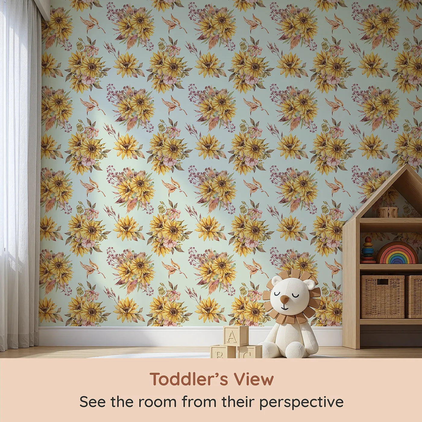Whimsy Tots Sun-Kissed Meadow Blooms in Mint Green (W3358D) from your child's view.Sunflowers and wild leaves bloom over soft mint skies.