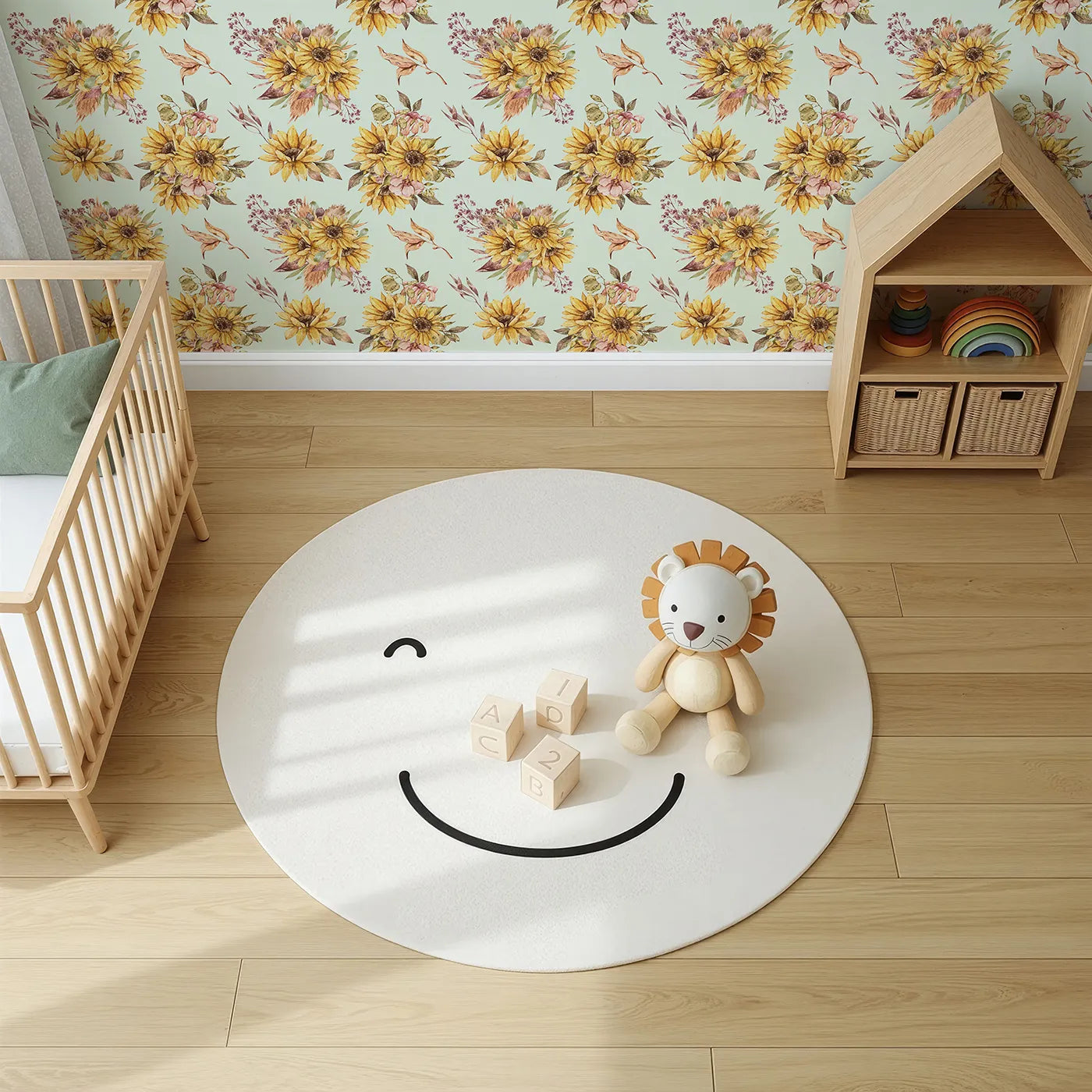 Top-Down view of Whimsy Tots' Sun-Kissed Meadow Blooms in Mint Green (W3358D).Sunflowers and wild leaves bloom over soft mint skies.