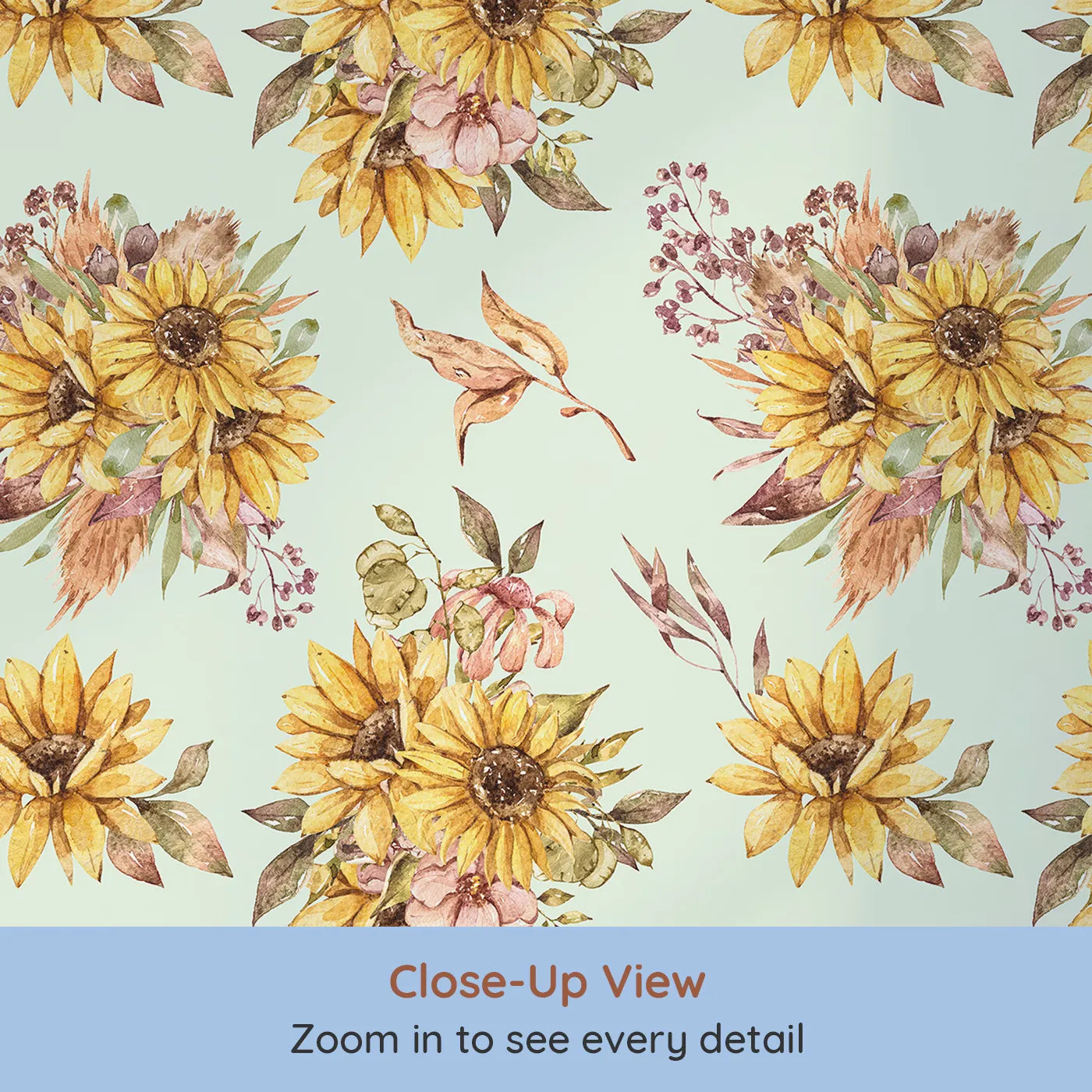 Close-up view of Whimsy Tots' Sun-Kissed Meadow Blooms in Mint Green (W3358D).Sunflowers and wild leaves bloom over soft mint skies.