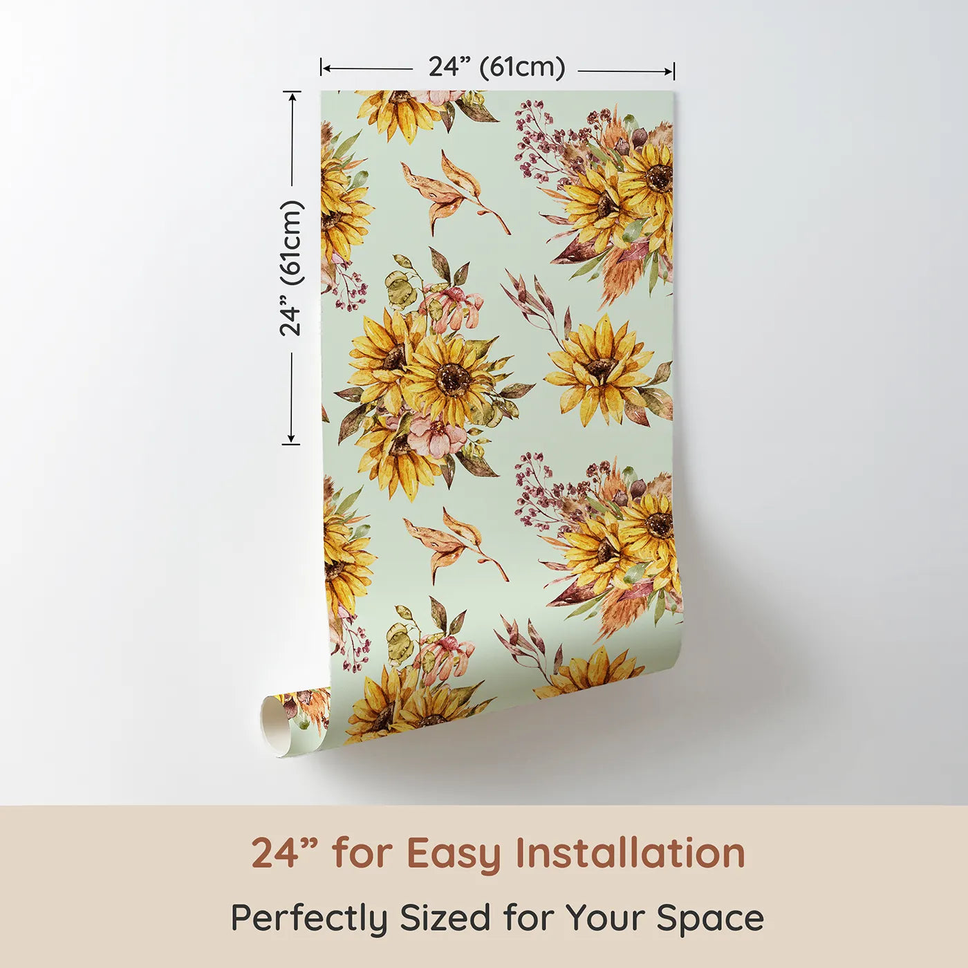 Dimension view of Whimsy Tots Sun-Kissed Meadow Blooms in Mint Green (W3358D). Printed in 24-inch-wide panel for easy installation. Sunflowers and wild leaves bloom over soft mint skies.