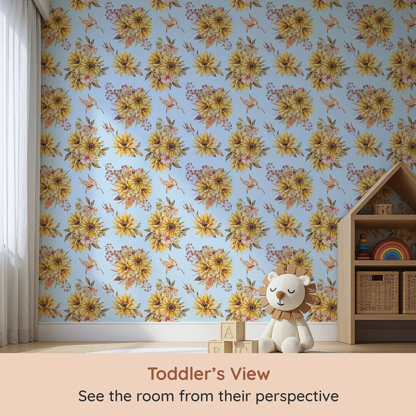 Whimsy Tots Sun-Kissed Meadow Blooms in Sky (W3358E) from your child's view.Sunflowers bloom gently against soft sky-blue skies.