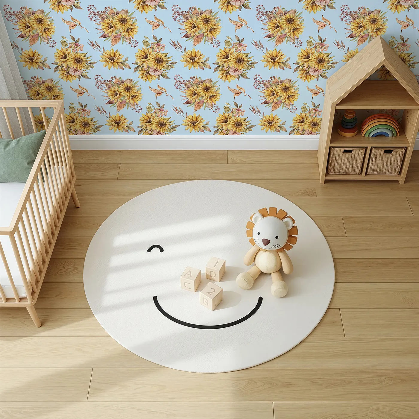 Top-Down view of Whimsy Tots' Sun-Kissed Meadow Blooms in Sky (W3358E).Sunflowers bloom gently against soft sky-blue skies.