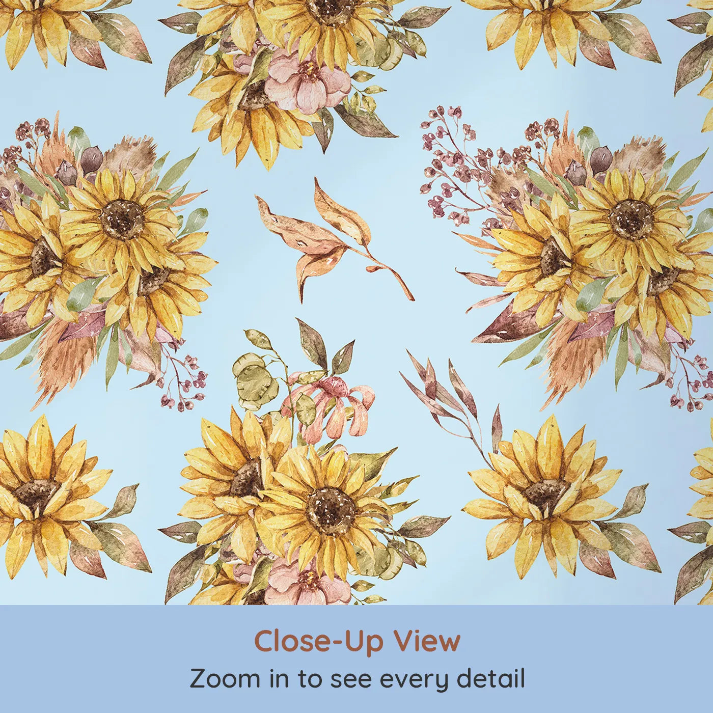 Close-up view of Whimsy Tots' Sun-Kissed Meadow Blooms in Sky (W3358E).Sunflowers bloom gently against soft sky-blue skies.