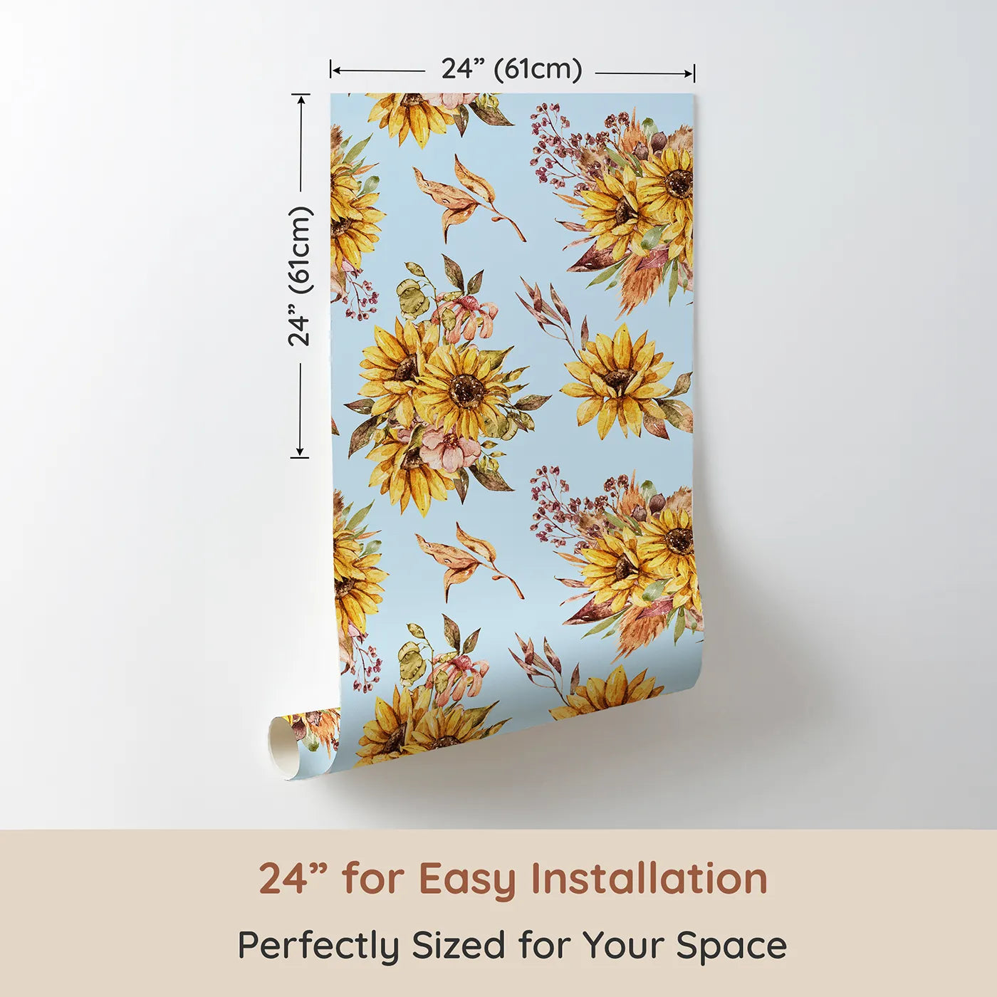 Dimension view of Whimsy Tots Sun-Kissed Meadow Blooms in Sky (W3358E). Printed in 24-inch-wide panel for easy installation. Sunflowers bloom gently against soft sky-blue skies.