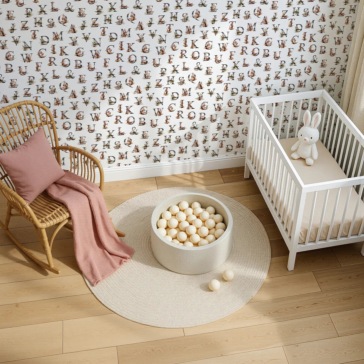 Top-Down view of Whimsy Tots' Rustic Alphabet Adventure in White (W3359A).Nature-touched letters guide the way through rustic learning.