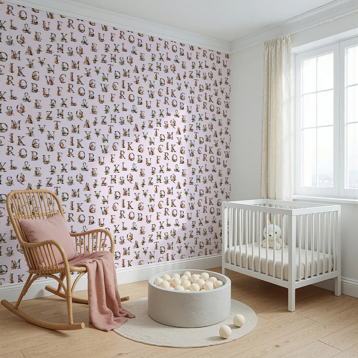 Angled view of Whimsy Tots' Rustic Alphabet Adventure in Blush Pink (W3359B).Woodland letters bloom softly on sweet blush skies.