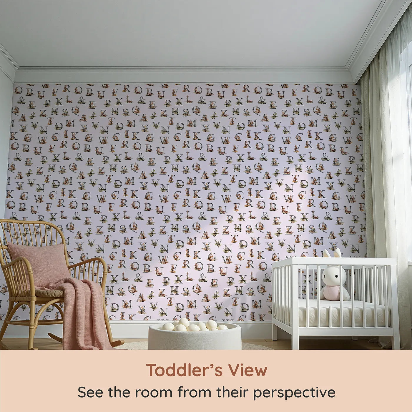 Whimsy Tots Rustic Alphabet Adventure in Blush Pink (W3359B) from your child's view.Woodland letters bloom softly on sweet blush skies.