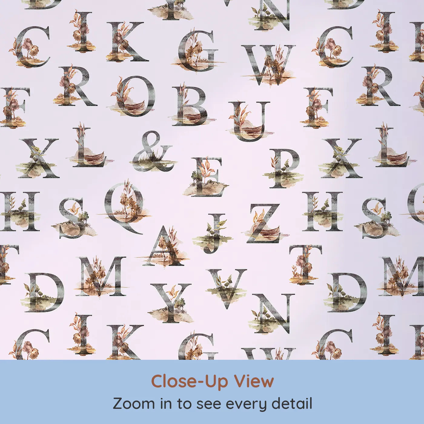 Close-up view of Whimsy Tots' Rustic Alphabet Adventure in Blush Pink (W3359B).Woodland letters bloom softly on sweet blush skies.